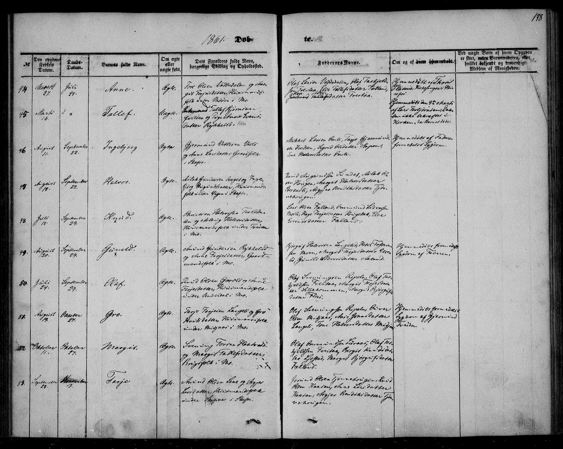 Mo kirkebøker, AV/SAKO-A-286/F/Fa/L0005: Parish register (official) no. I 5, 1844-1864, p. 138