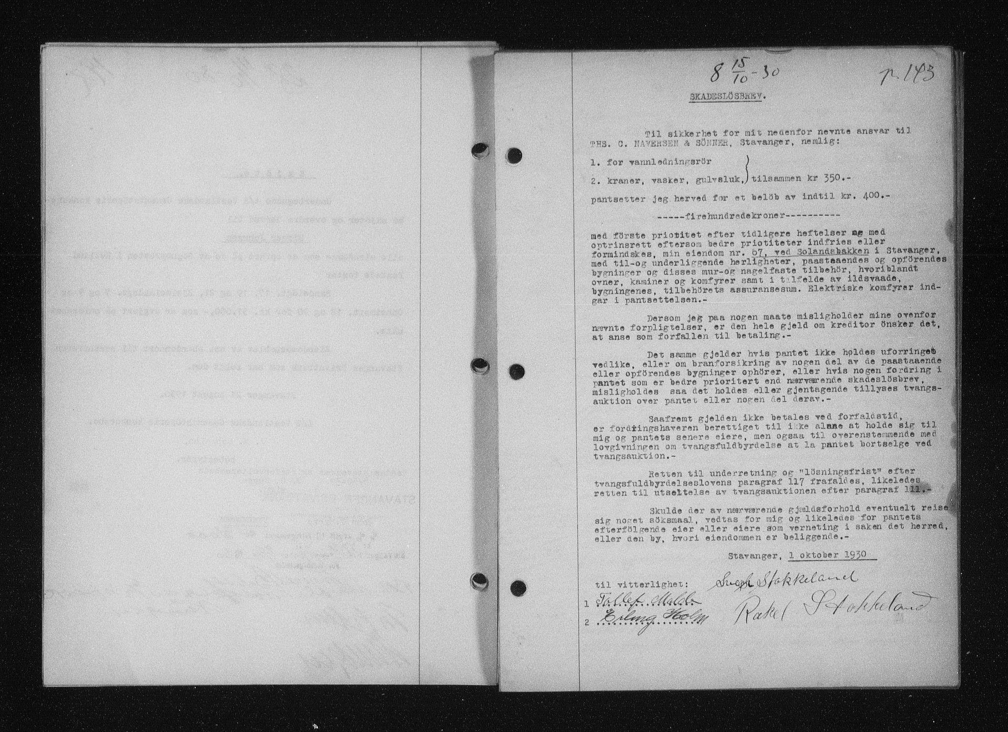 Stavanger byfogd, SAST/A-101408/001/4/41/410/410BB/L0058: Mortgage book no. 48, 1930-1931, Deed date: 15.10.1930