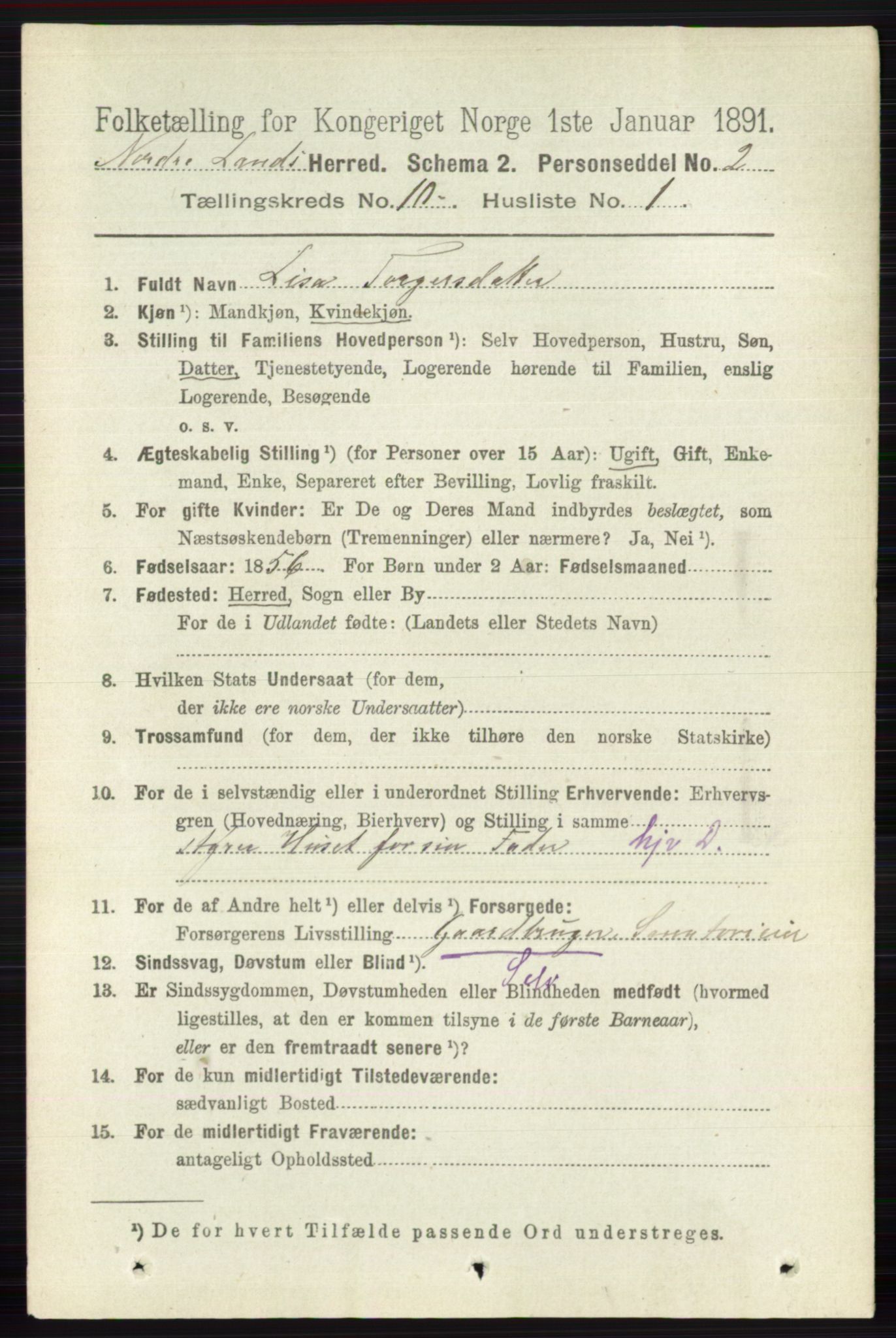 RA, 1891 census for 0538 Nordre Land, 1891, p. 2806