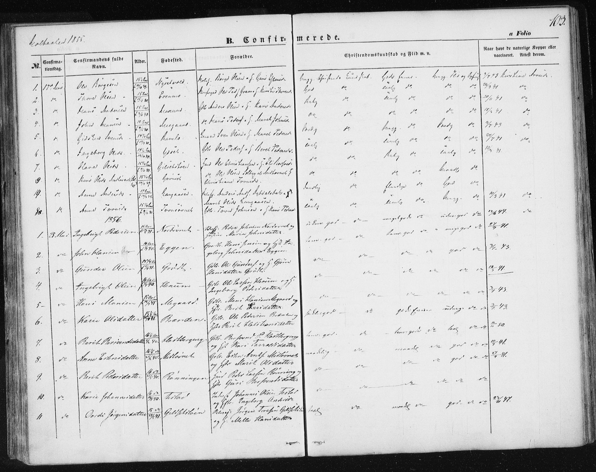 Ministerialprotokoller, klokkerbøker og fødselsregistre - Sør-Trøndelag, AV/SAT-A-1456/685/L0963: Parish register (official) no. 685A06 /1, 1846-1859, p. 103