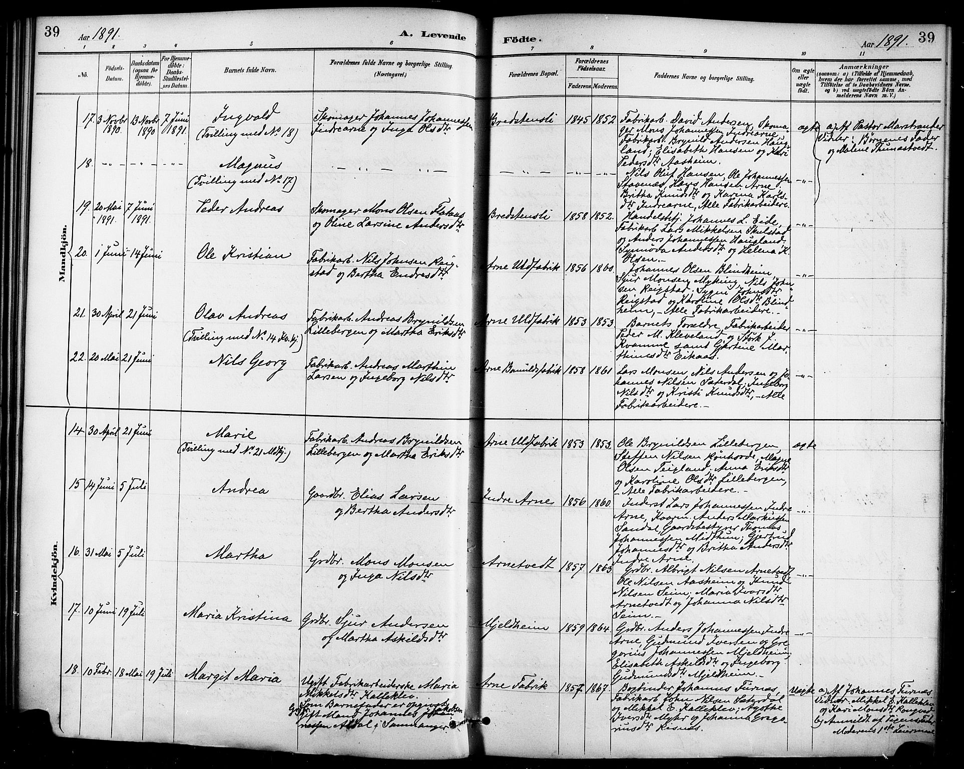 Haus sokneprestembete, AV/SAB-A-75601/H/Haa/Haad/L0001: Parish register (official) no. D 1, 1887-1898, p. 39