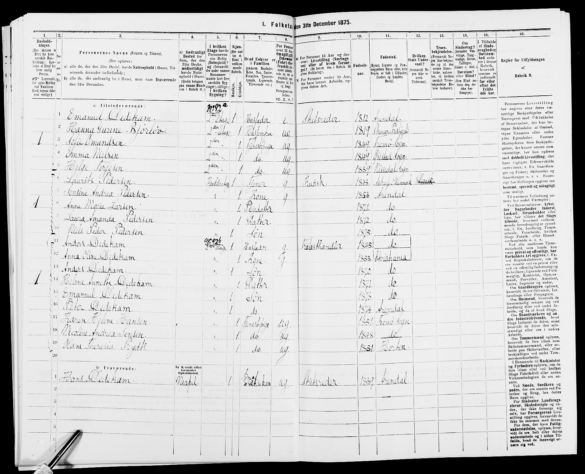 SAK, 1875 census for 0903P Arendal, 1875, p. 272