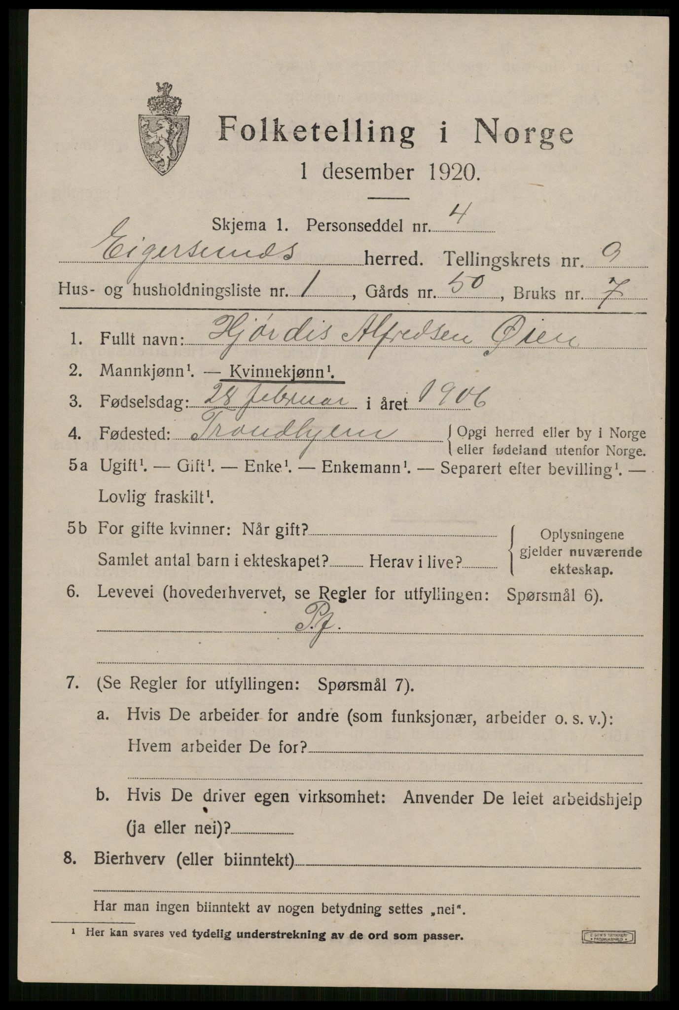 SAST, 1920 census for Eigersund, 1920, p. 5819