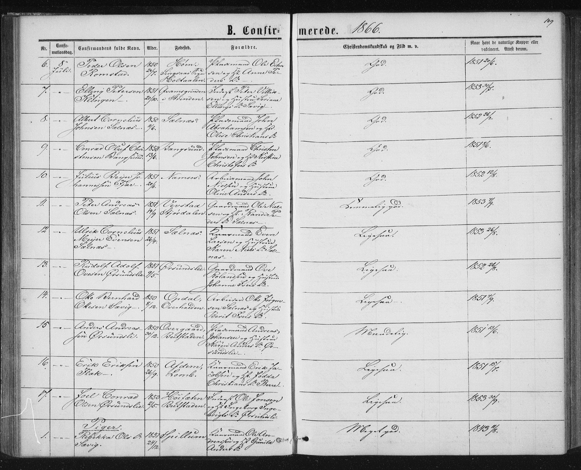 Ministerialprotokoller, klokkerbøker og fødselsregistre - Nord-Trøndelag, AV/SAT-A-1458/768/L0570: Parish register (official) no. 768A05, 1865-1874, p. 109