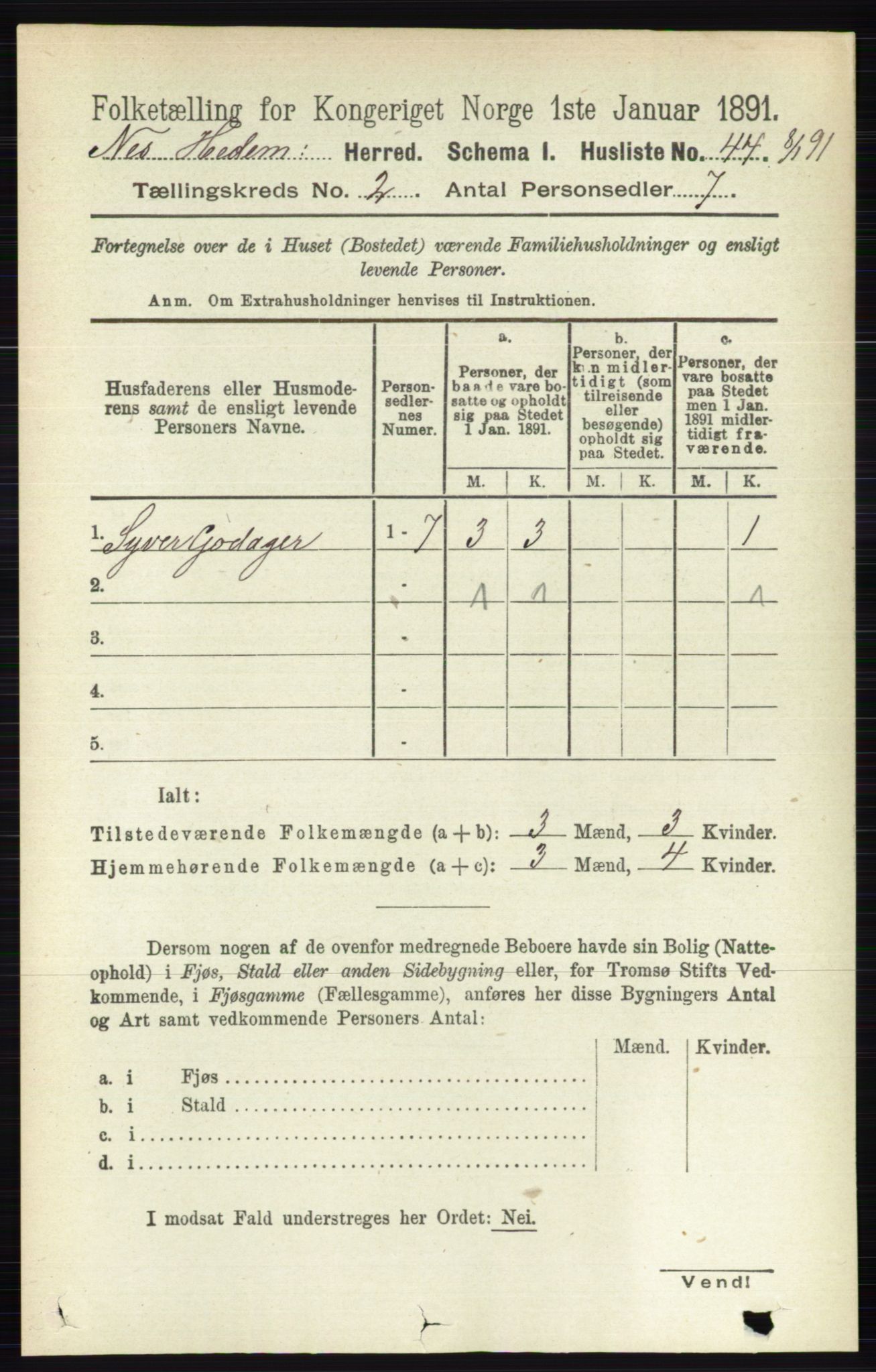 RA, 1891 census for 0411 Nes, 1891, p. 1048