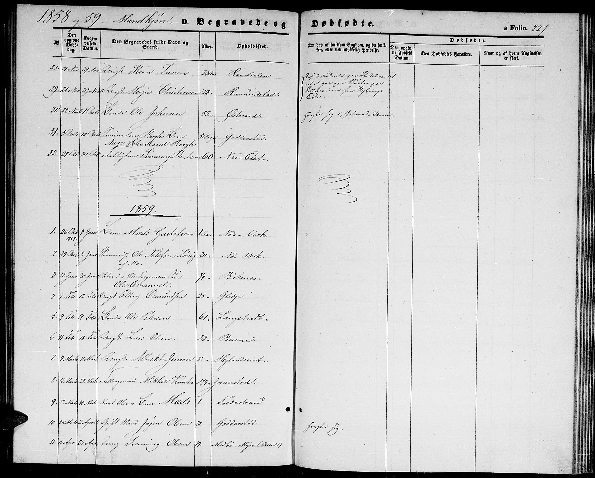 Holt sokneprestkontor, SAK/1111-0021/F/Fb/L0008: Parish register (copy) no. B 8, 1858-1871, p. 227