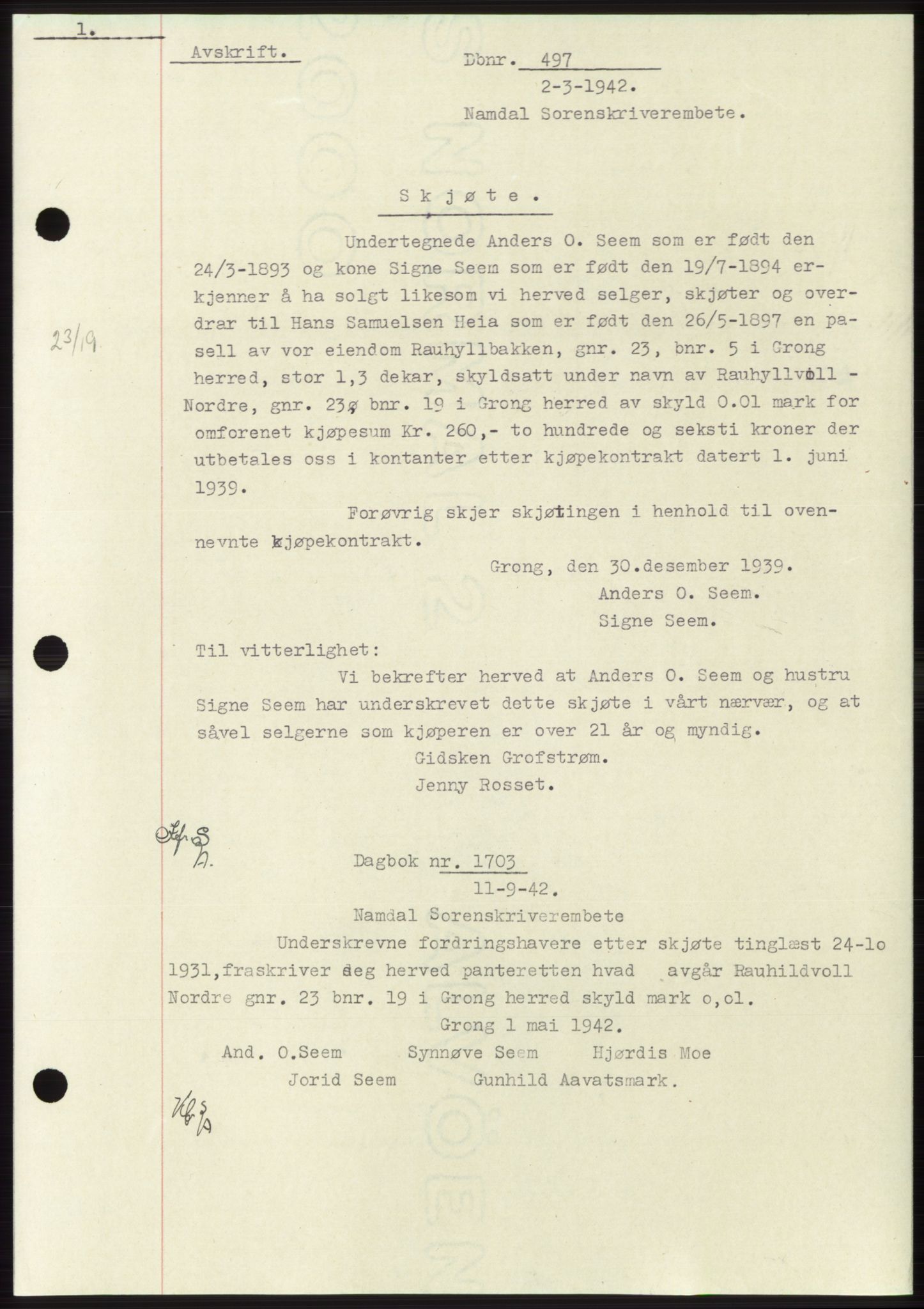 Namdal sorenskriveri, SAT/A-4133/1/2/2C: Mortgage book no. -, 1941-1942, Diary no: : 497/1942