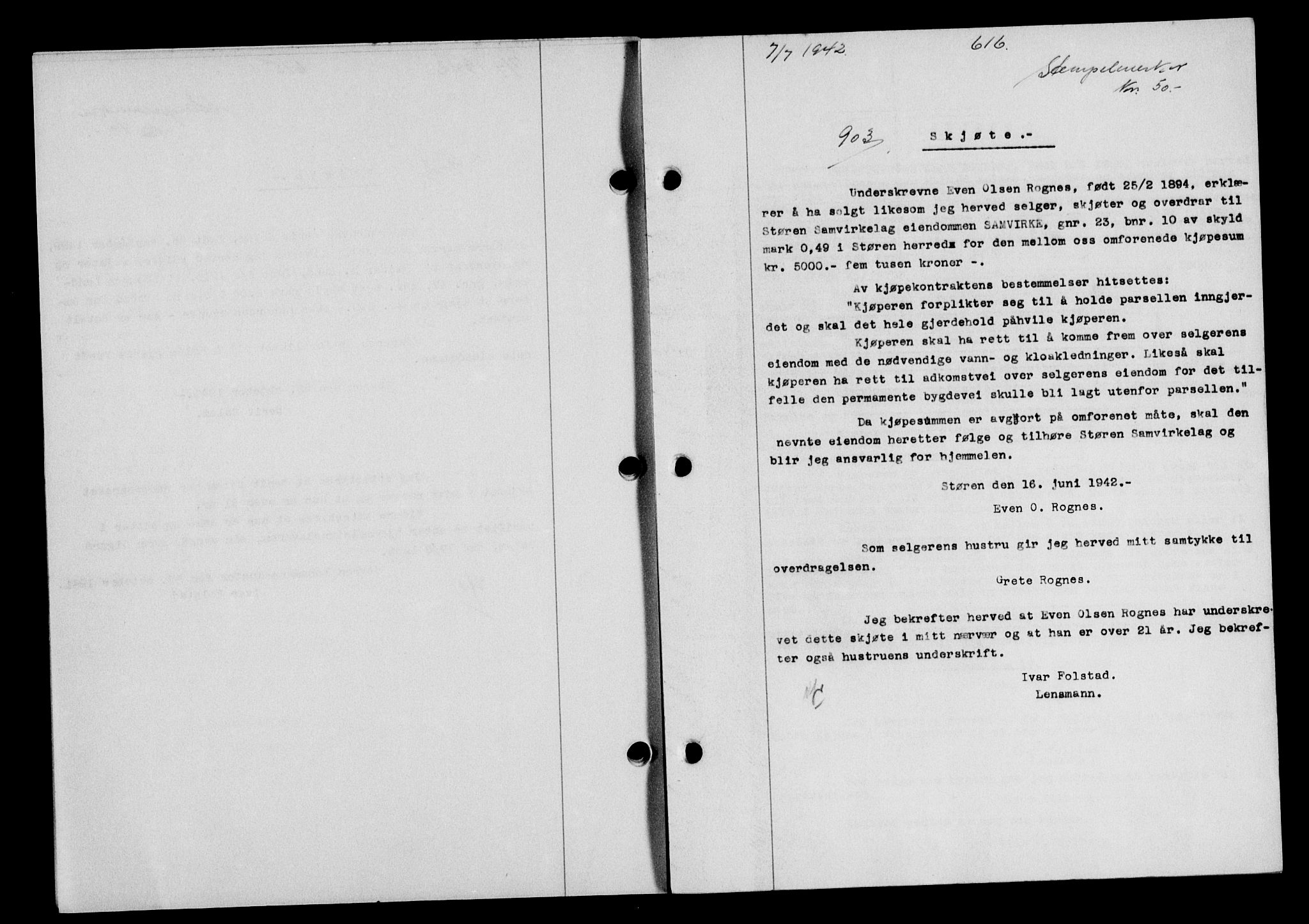 Gauldal sorenskriveri, SAT/A-0014/1/2/2C/L0054: Mortgage book no. 59, 1941-1942, Diary no: : 903/1942