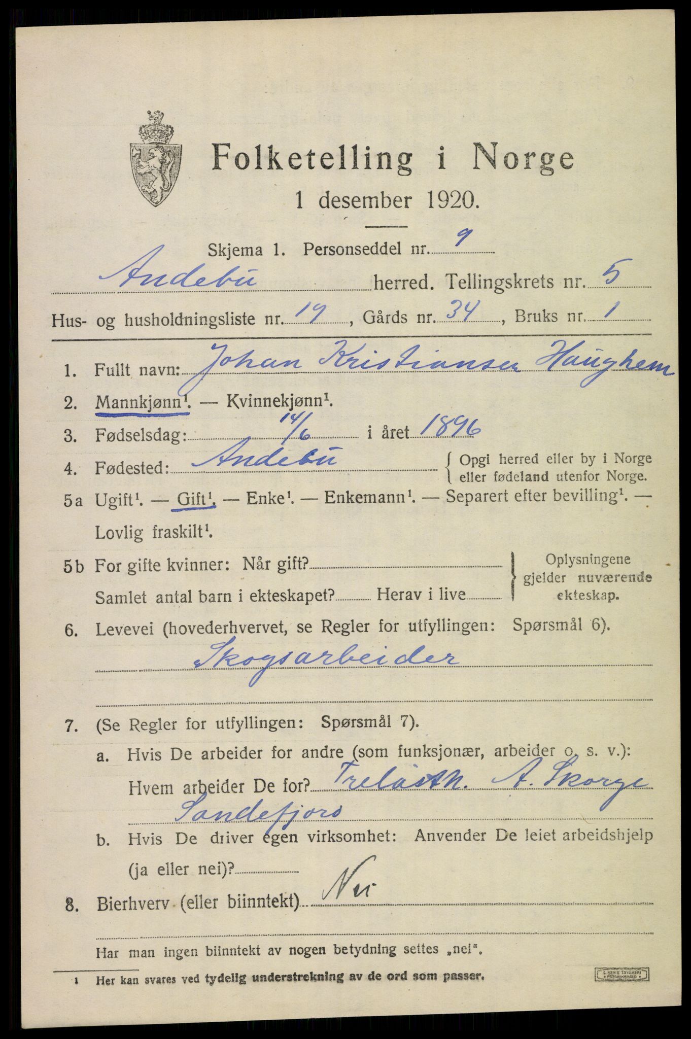 SAKO, 1920 census for Andebu, 1920, p. 2824