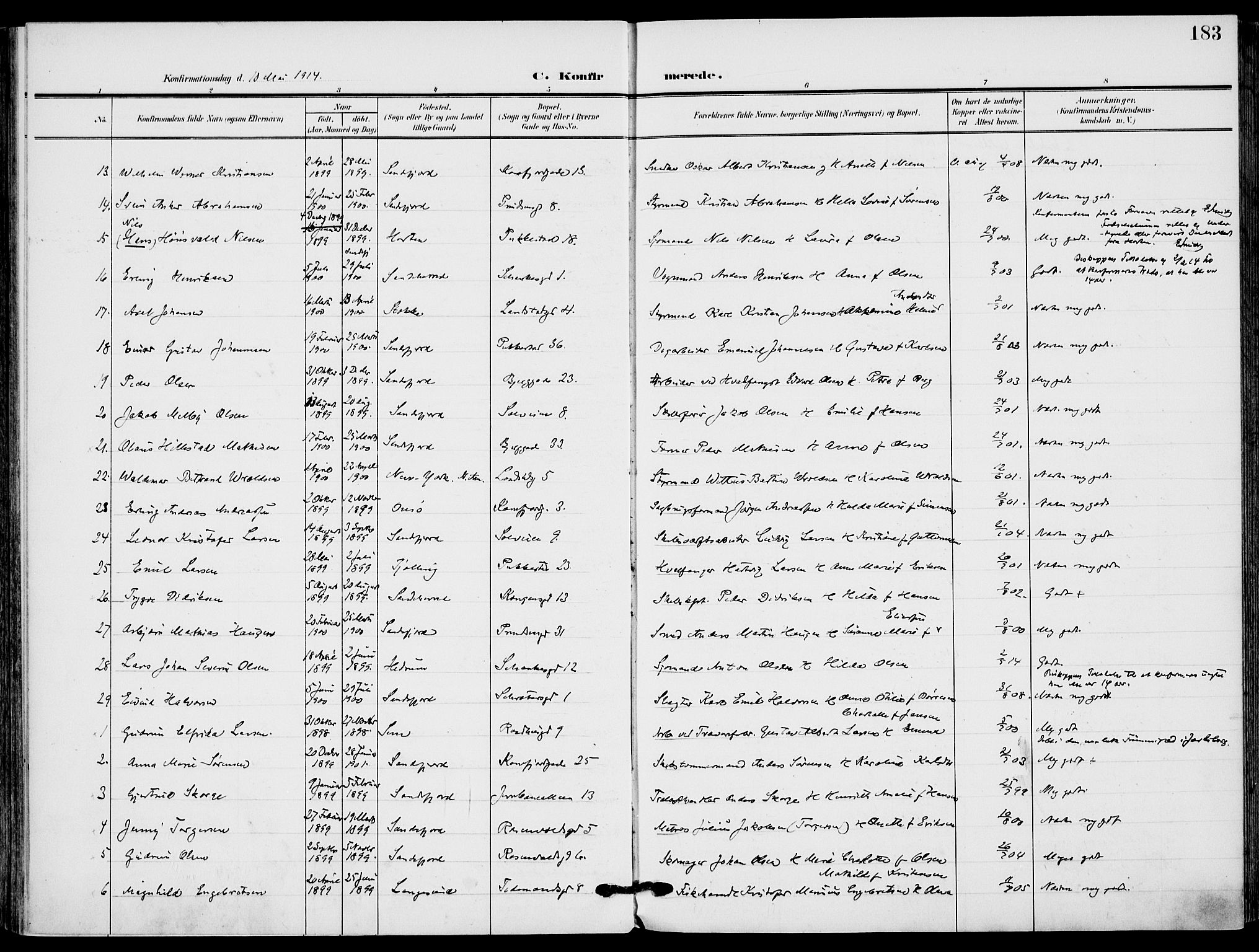 Sandefjord kirkebøker, AV/SAKO-A-315/F/Fa/L0005: Parish register (official) no. 5, 1906-1915, p. 183