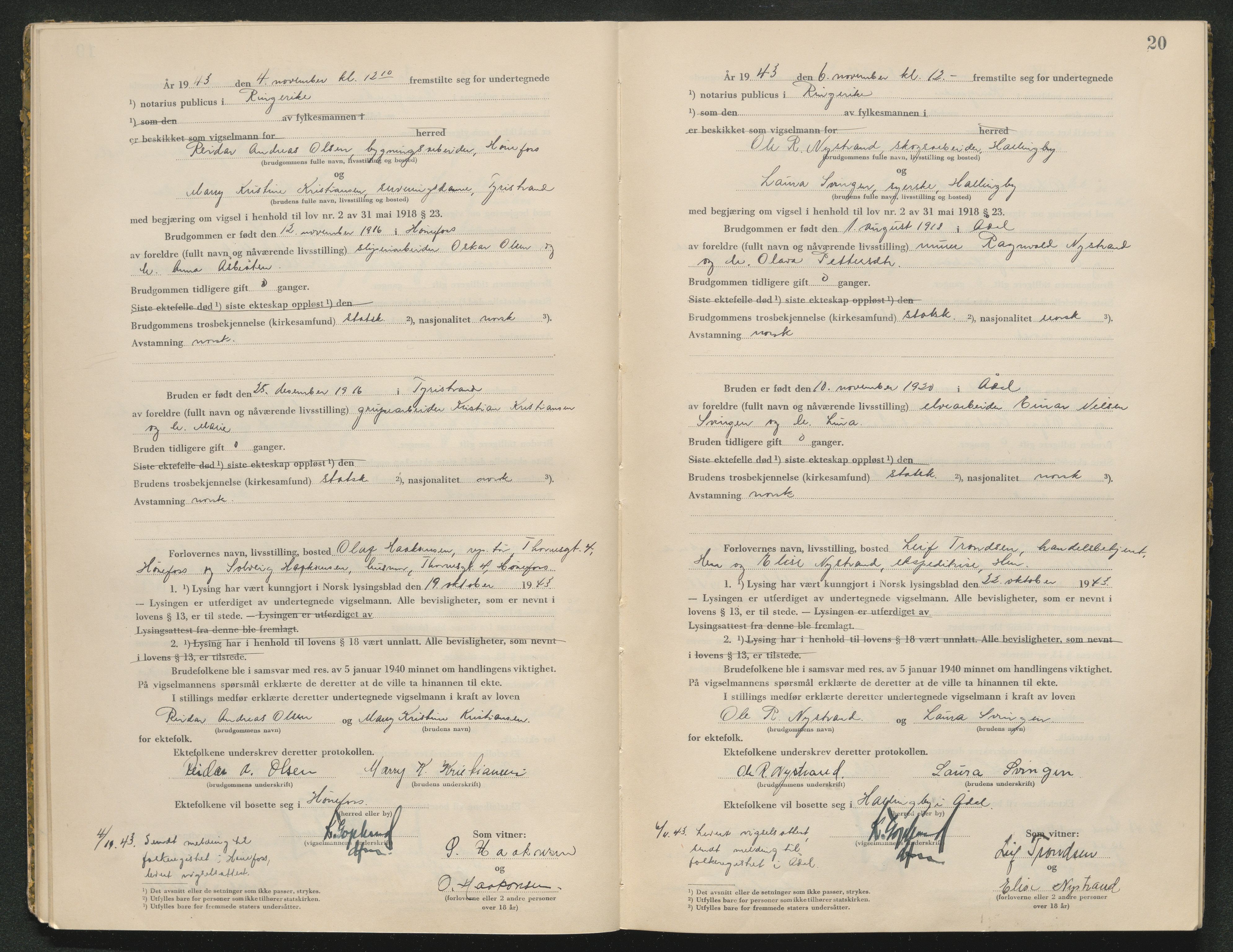 Ringerike sorenskriveri, AV/SAKO-A-105/L/Lc/L0003: Vigselsbok, 1943-1944, p. 20