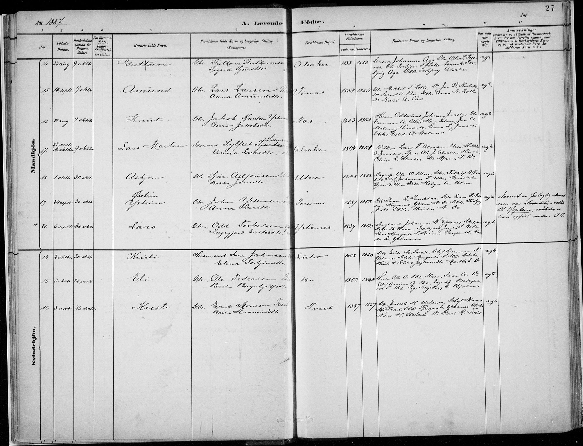 Ullensvang sokneprestembete, SAB/A-78701/H/Haa: Parish register (official) no. E  1, 1882-1921, p. 27