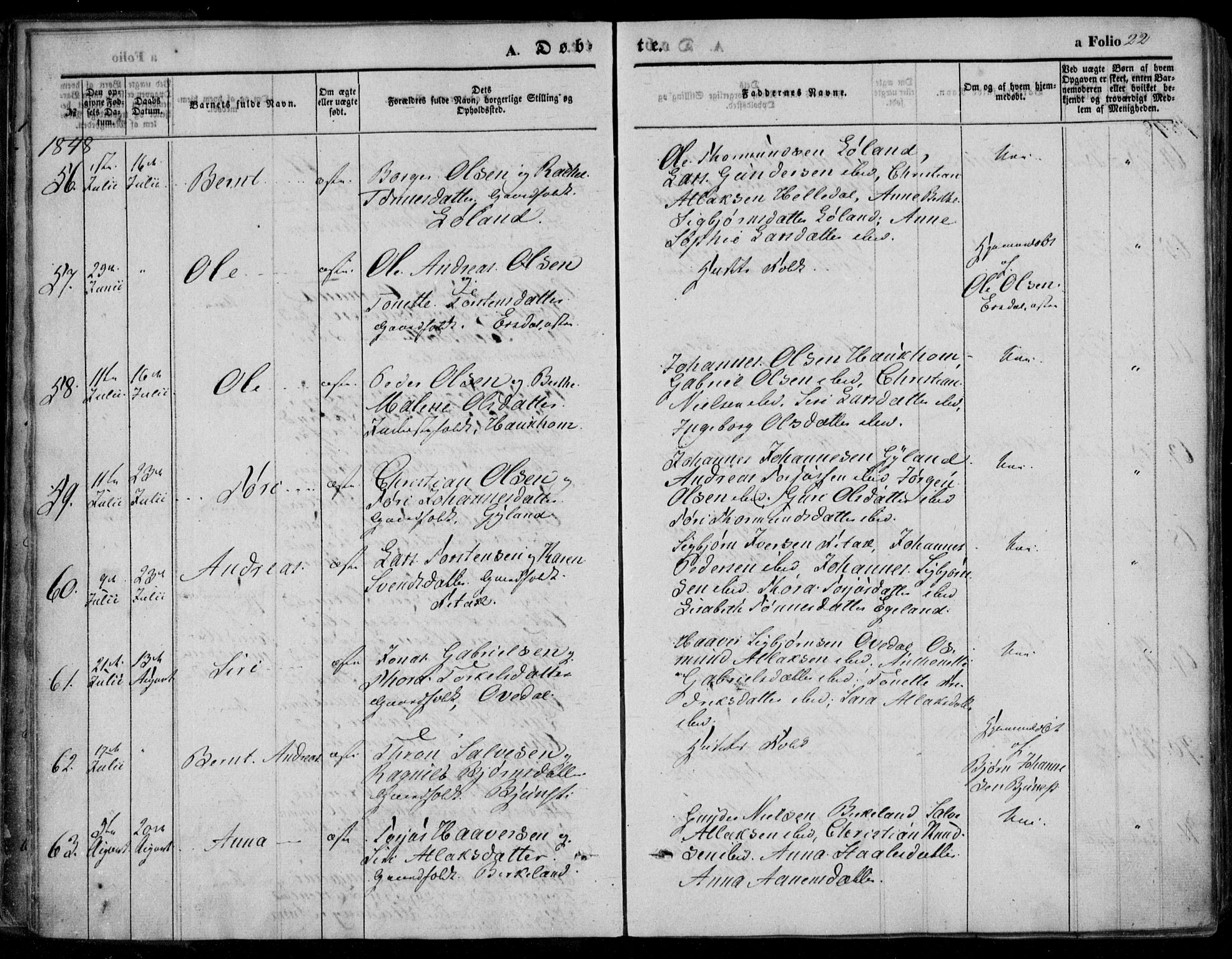 Bakke sokneprestkontor, SAK/1111-0002/F/Fa/Faa/L0005: Parish register (official) no. A 5, 1847-1855, p. 22