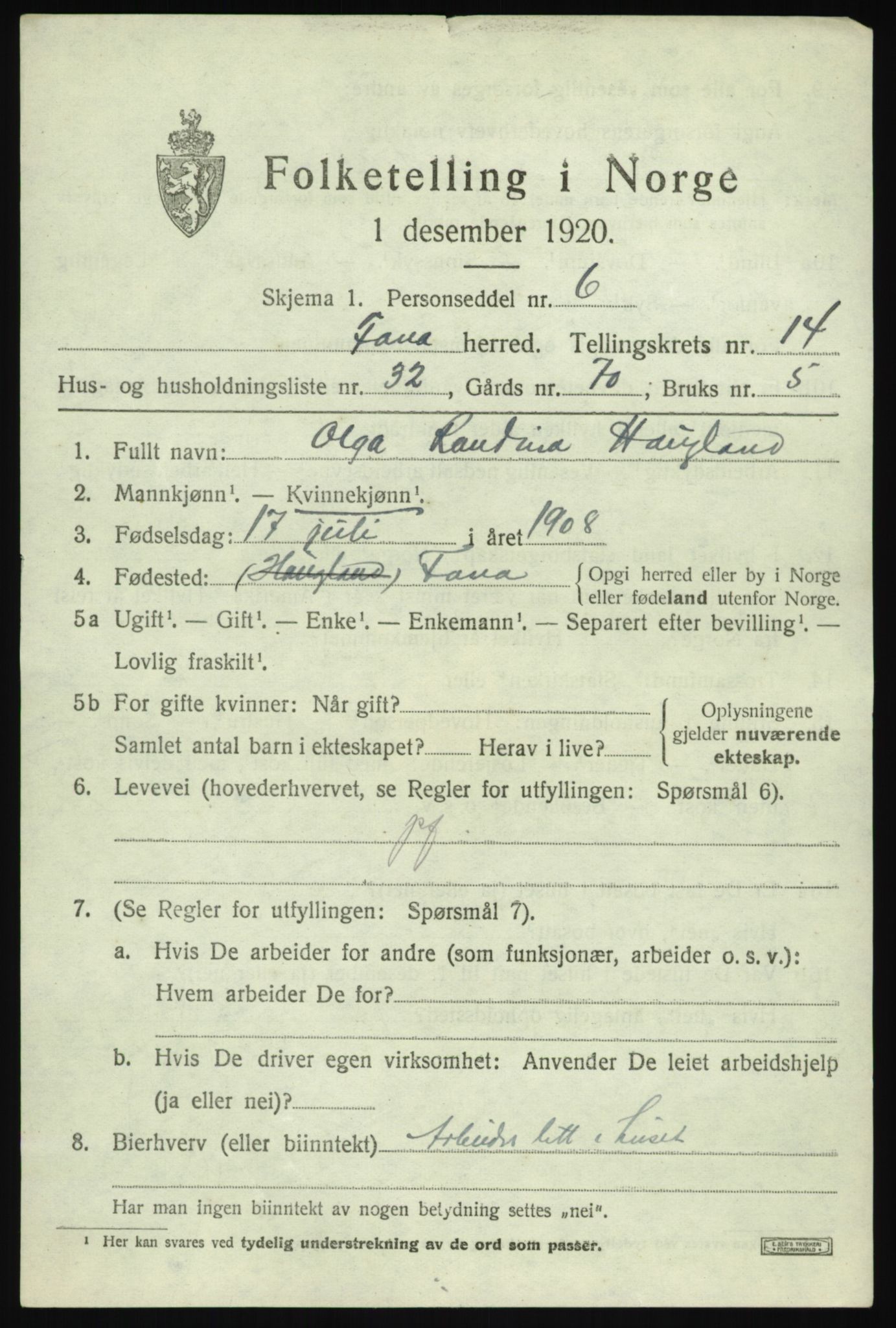 SAB, 1920 census for Fana, 1920, p. 20985