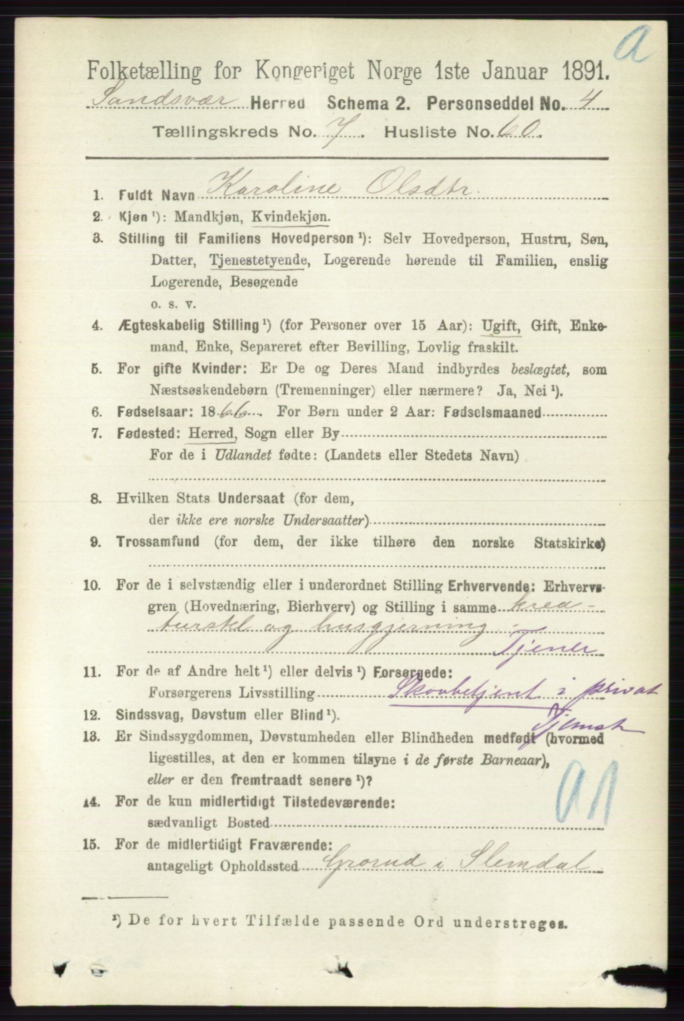 RA, 1891 census for 0629 Sandsvær, 1891, p. 4264