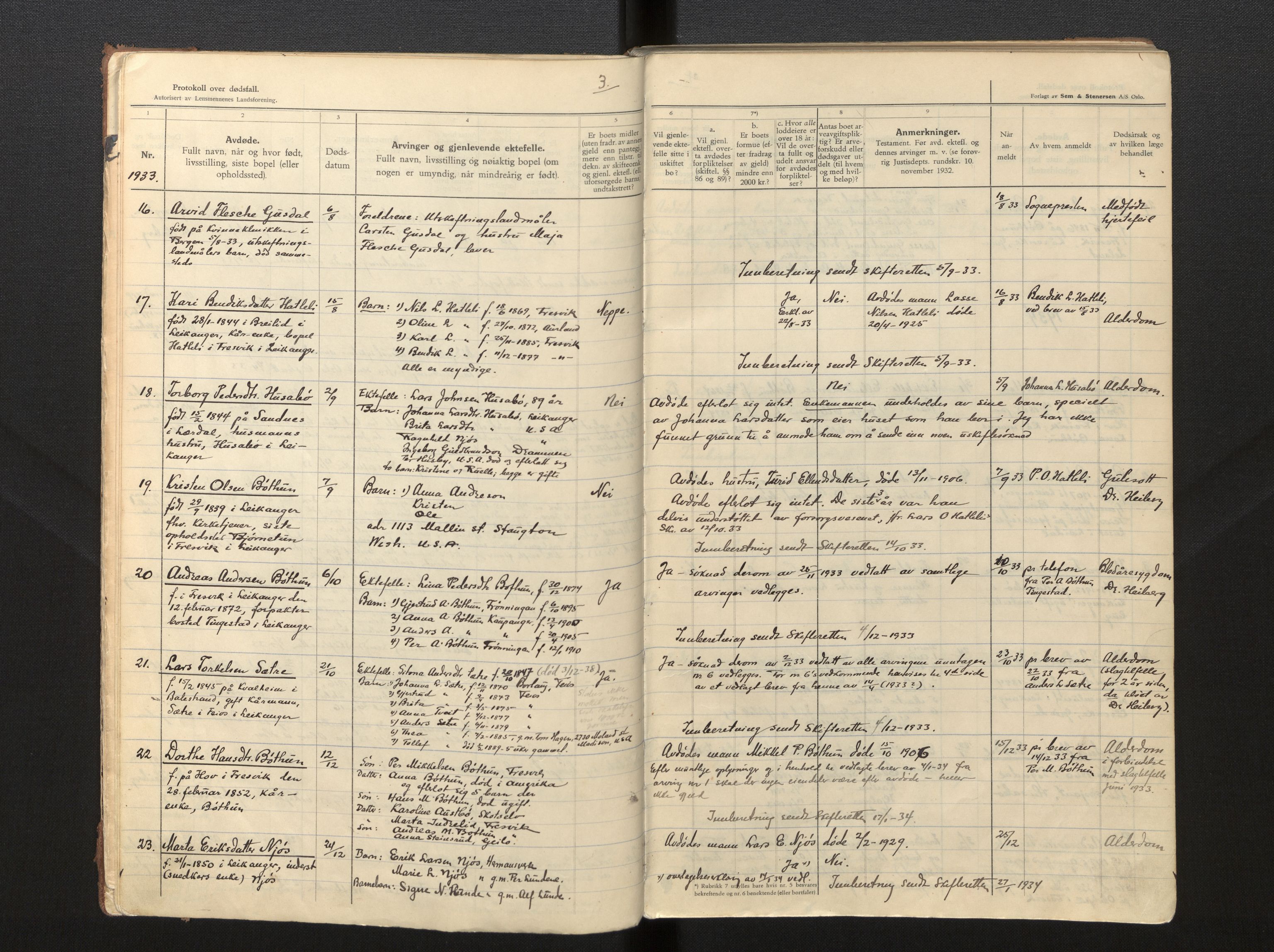 Lensmannen i Leikanger, AV/SAB-A-29201/0006/L0010: Dødsfallprotokoll, 1933-1948, p. 3