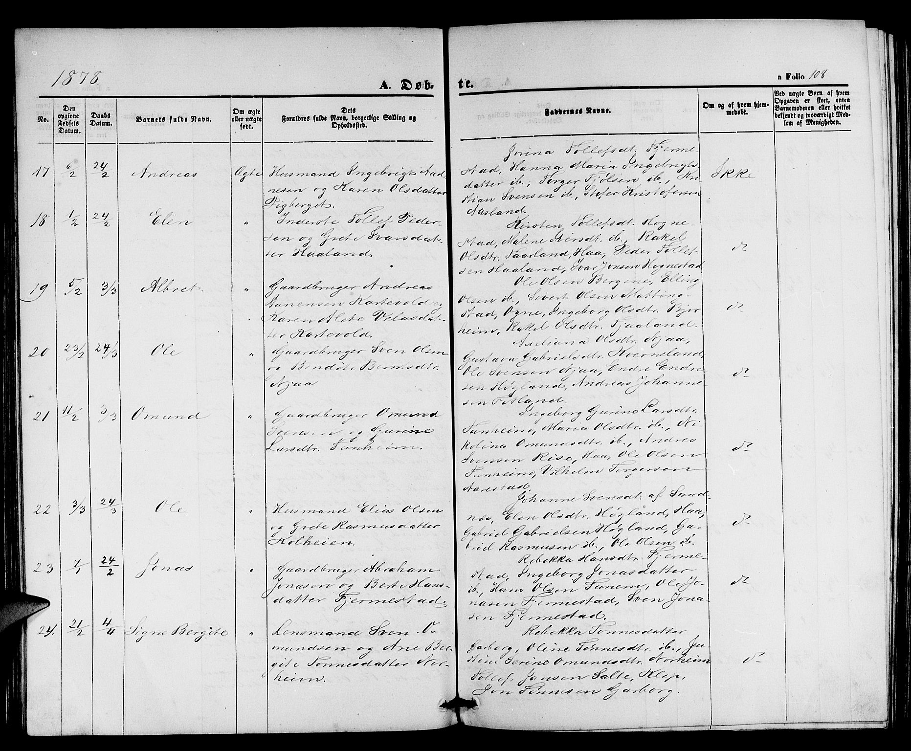 Lye sokneprestkontor, AV/SAST-A-101794/001/30BB/L0004: Parish register (copy) no. B 4, 1868-1878, p. 108