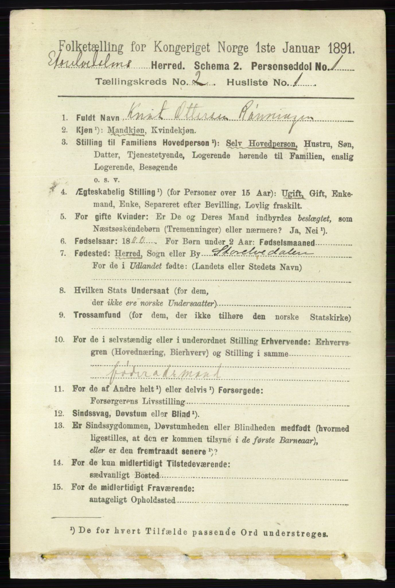 RA, 1891 census for 0430 Stor-Elvdal, 1891, p. 385