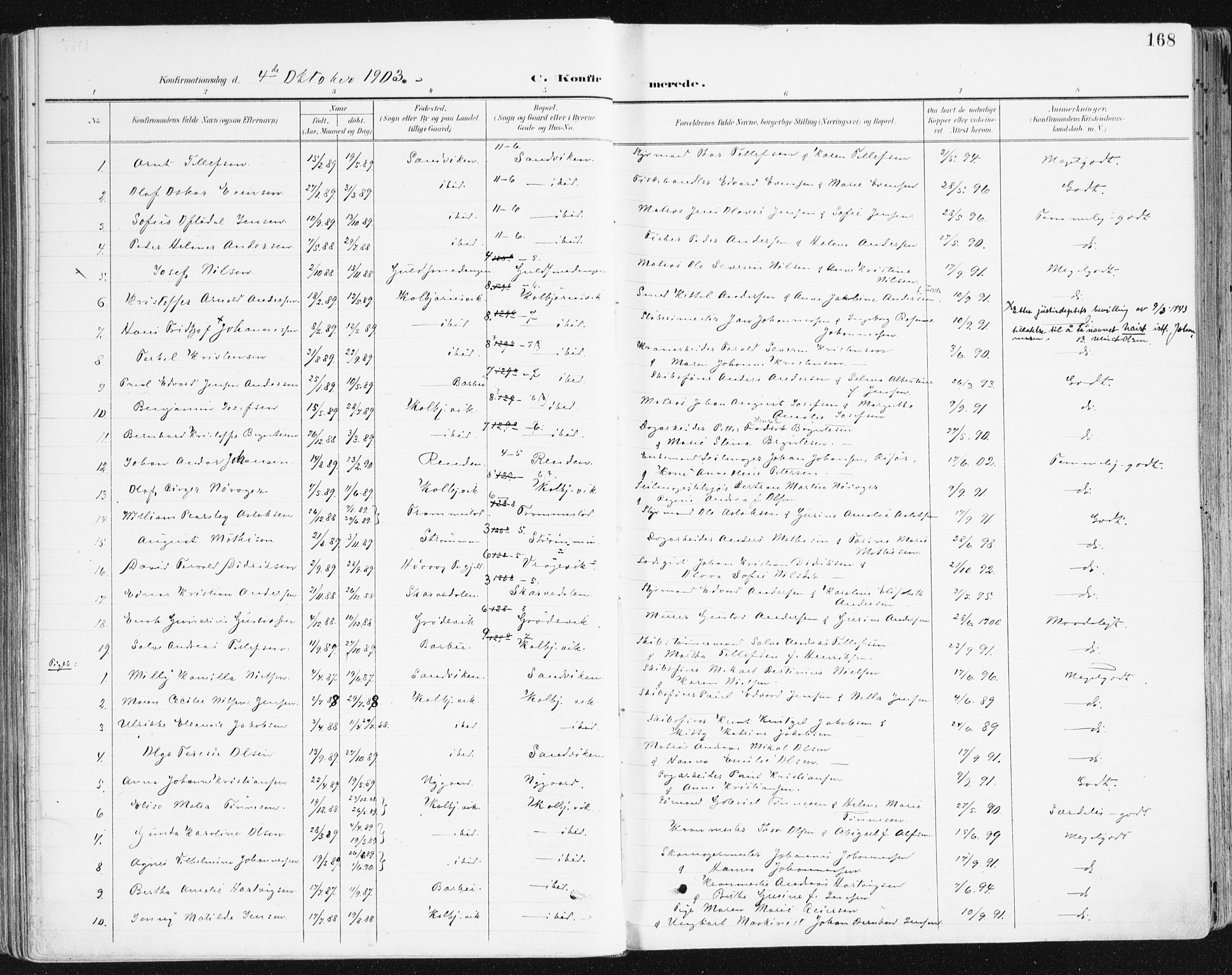 Hisøy sokneprestkontor, SAK/1111-0020/F/Fa/L0004: Parish register (official) no. A 4, 1895-1917, p. 168
