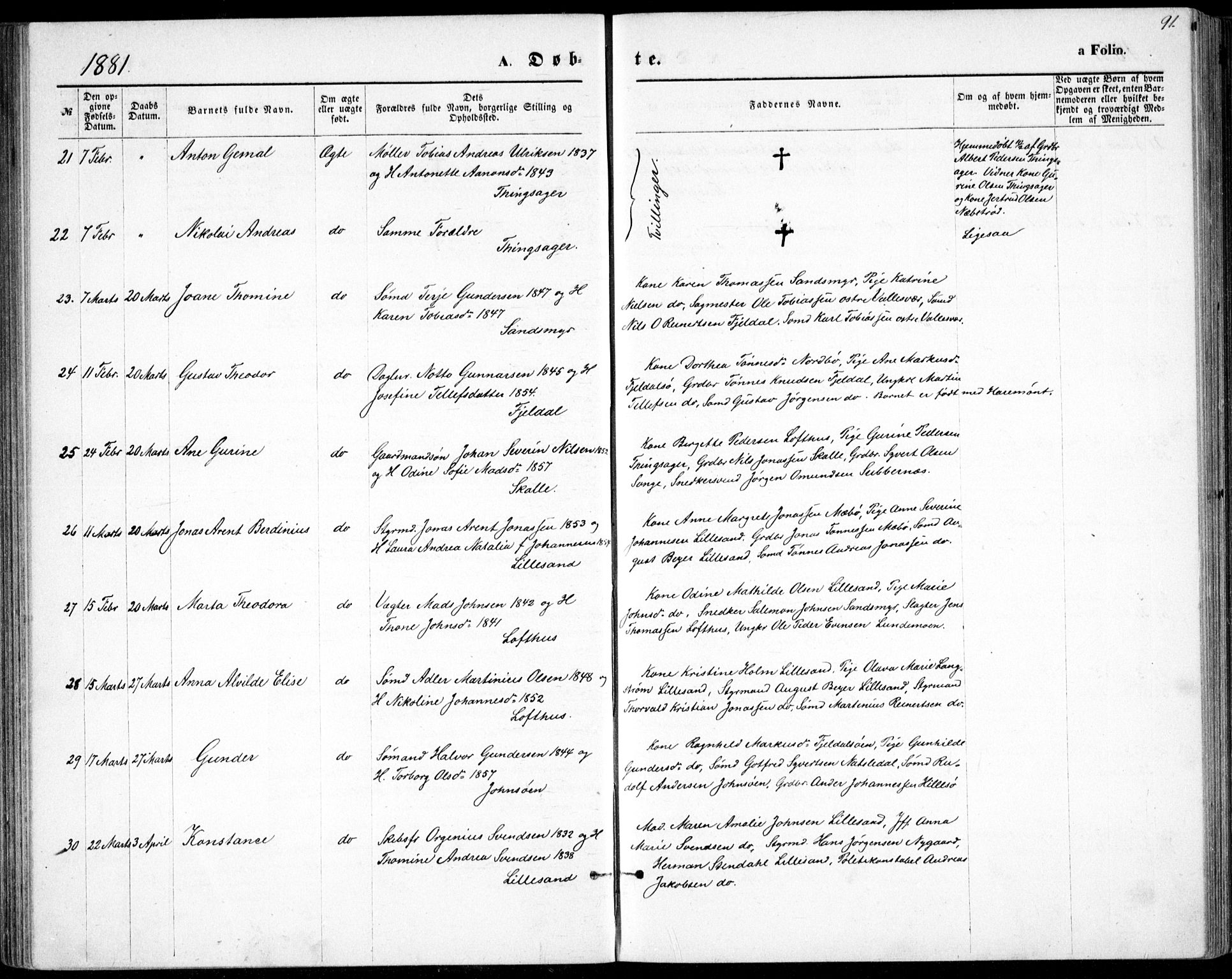 Vestre Moland sokneprestkontor, SAK/1111-0046/F/Fb/Fbb/L0005: Parish register (copy) no. B 5, 1872-1883, p. 91