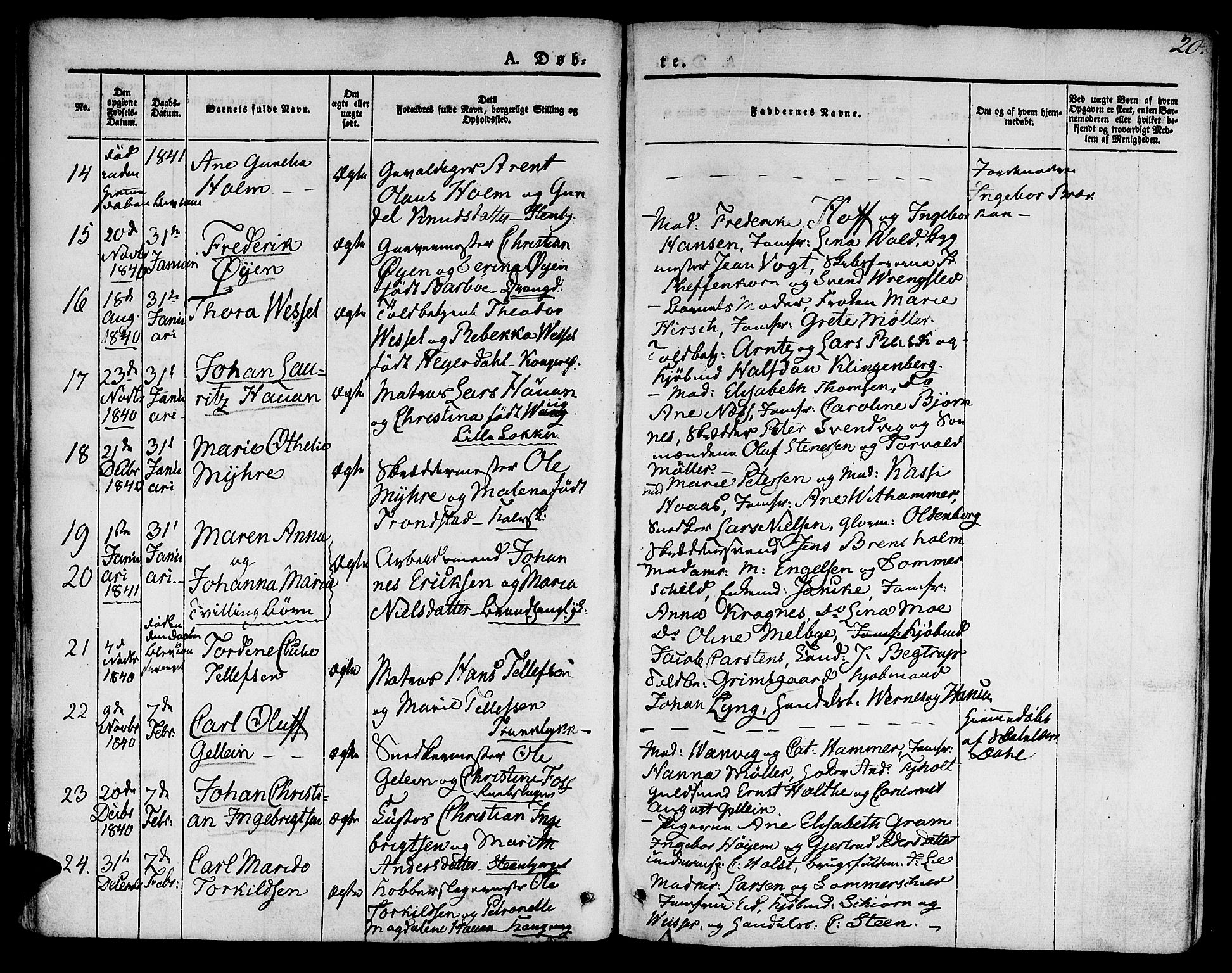 Ministerialprotokoller, klokkerbøker og fødselsregistre - Sør-Trøndelag, SAT/A-1456/601/L0048: Parish register (official) no. 601A16, 1840-1847, p. 20