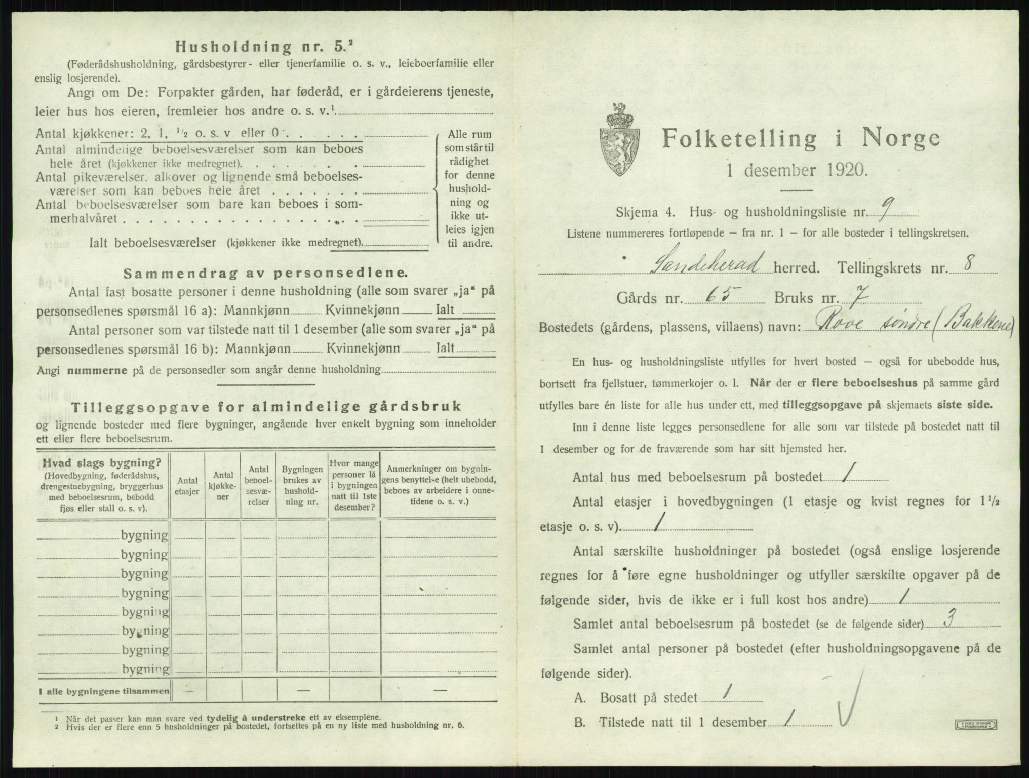 SAKO, 1920 census for Sandeherred, 1920, p. 1610