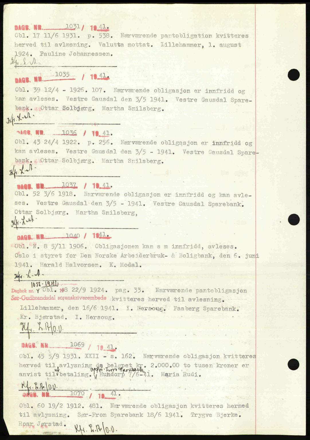 Sør-Gudbrandsdal tingrett, SAH/TING-004/H/Hb/Hbf/L0002: Mortgage book no. C1, 1938-1951, Diary no: : 1013/1941