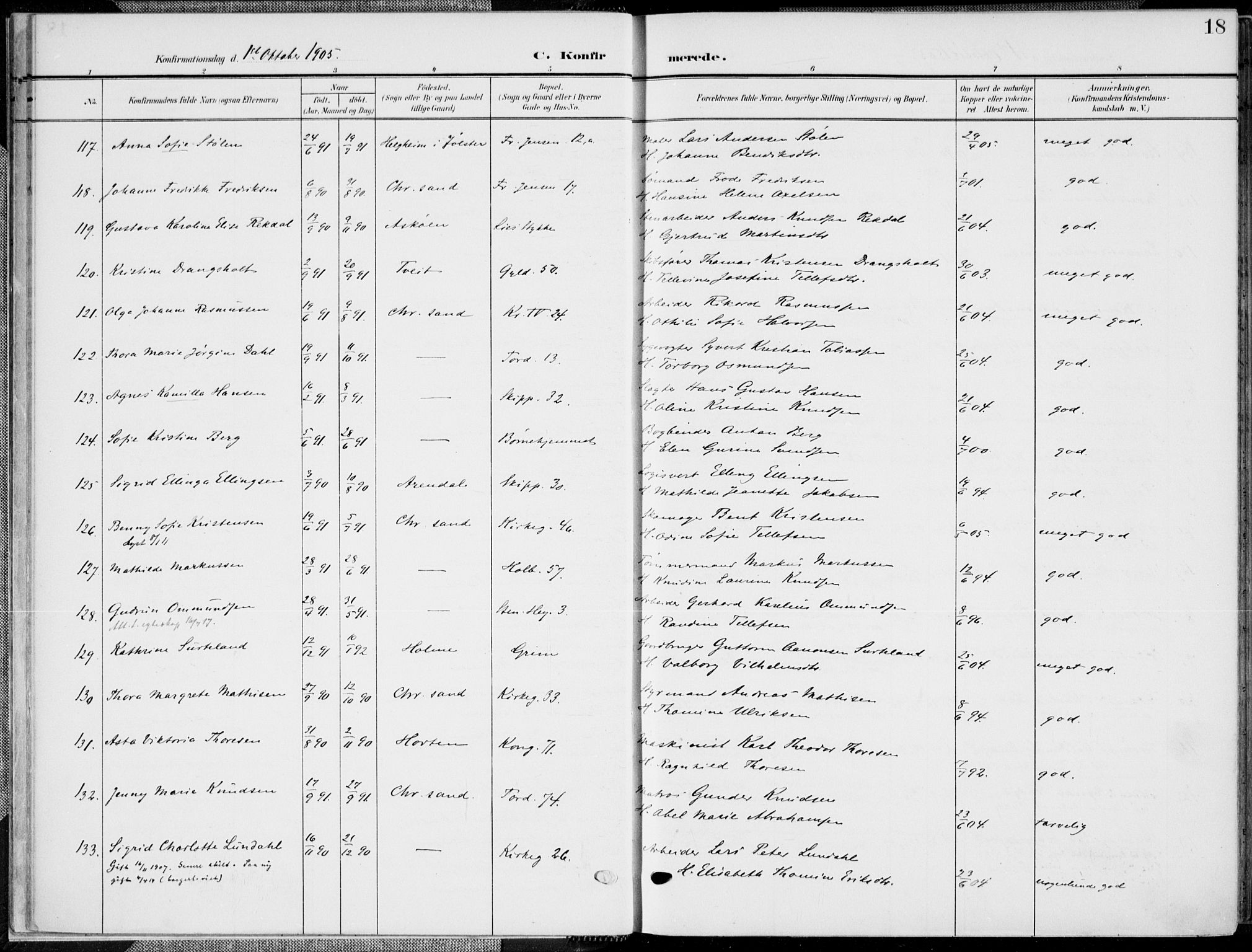 Kristiansand domprosti, AV/SAK-1112-0006/F/Fa/L0022: Parish register (official) no. A 21, 1905-1916, p. 18