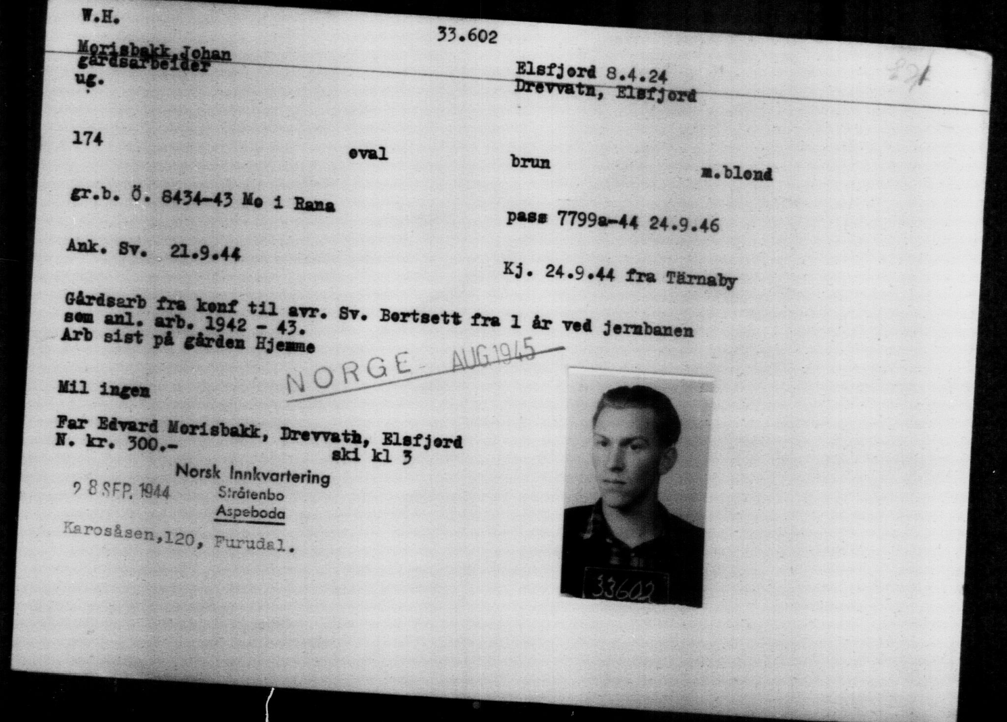 Utenriksstasjonene, Legasjonen i Stockholm, Flyktningkontoret, AV/RA-S-6753/V/Va/L0013: Kjesäterkartoteket, flyktninger med registreringsnr. 31500-34731, 1940-1945, p. 2218