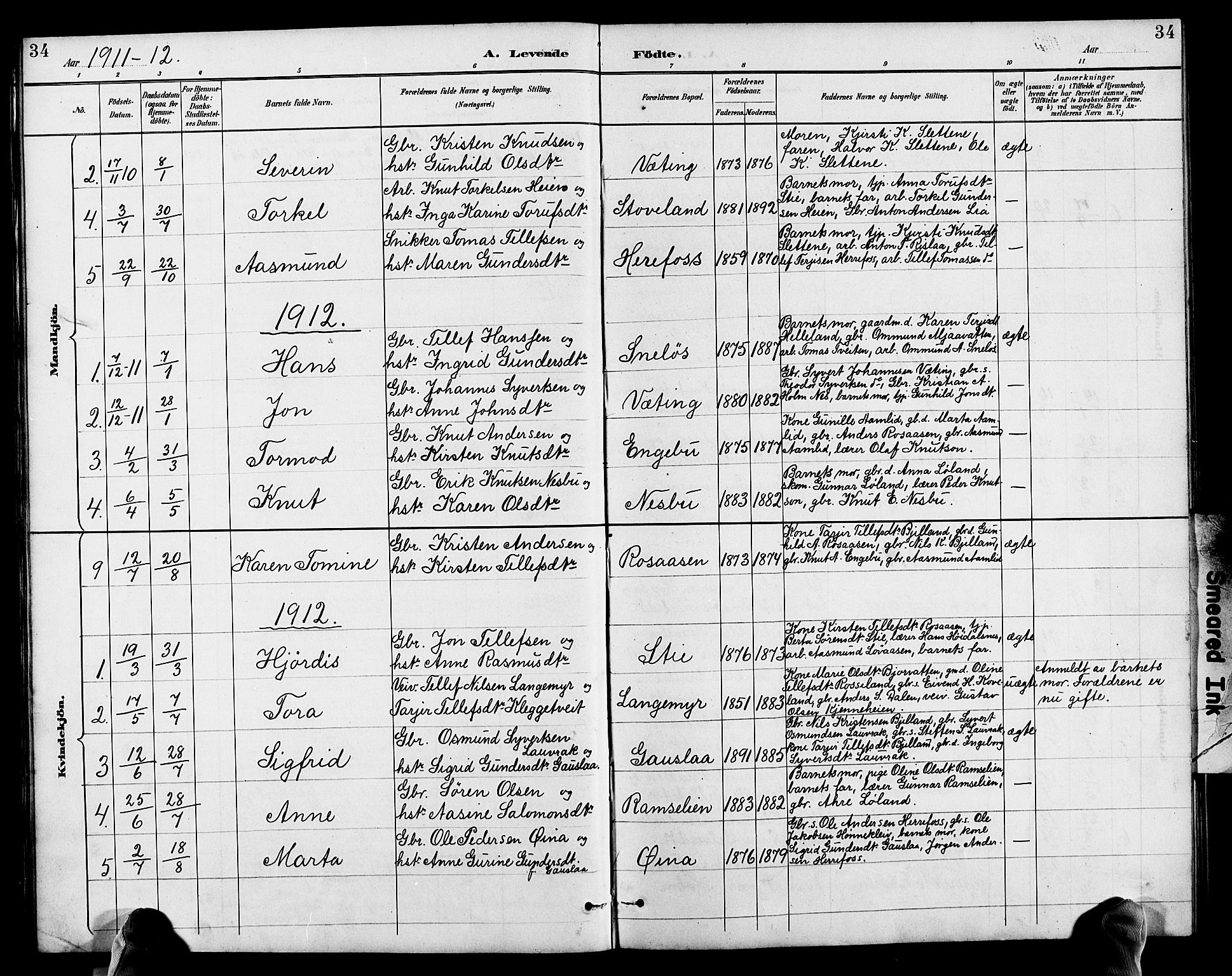 Herefoss sokneprestkontor, SAK/1111-0019/F/Fb/Fba/L0003: Parish register (copy) no. B 3, 1887-1925, p. 34