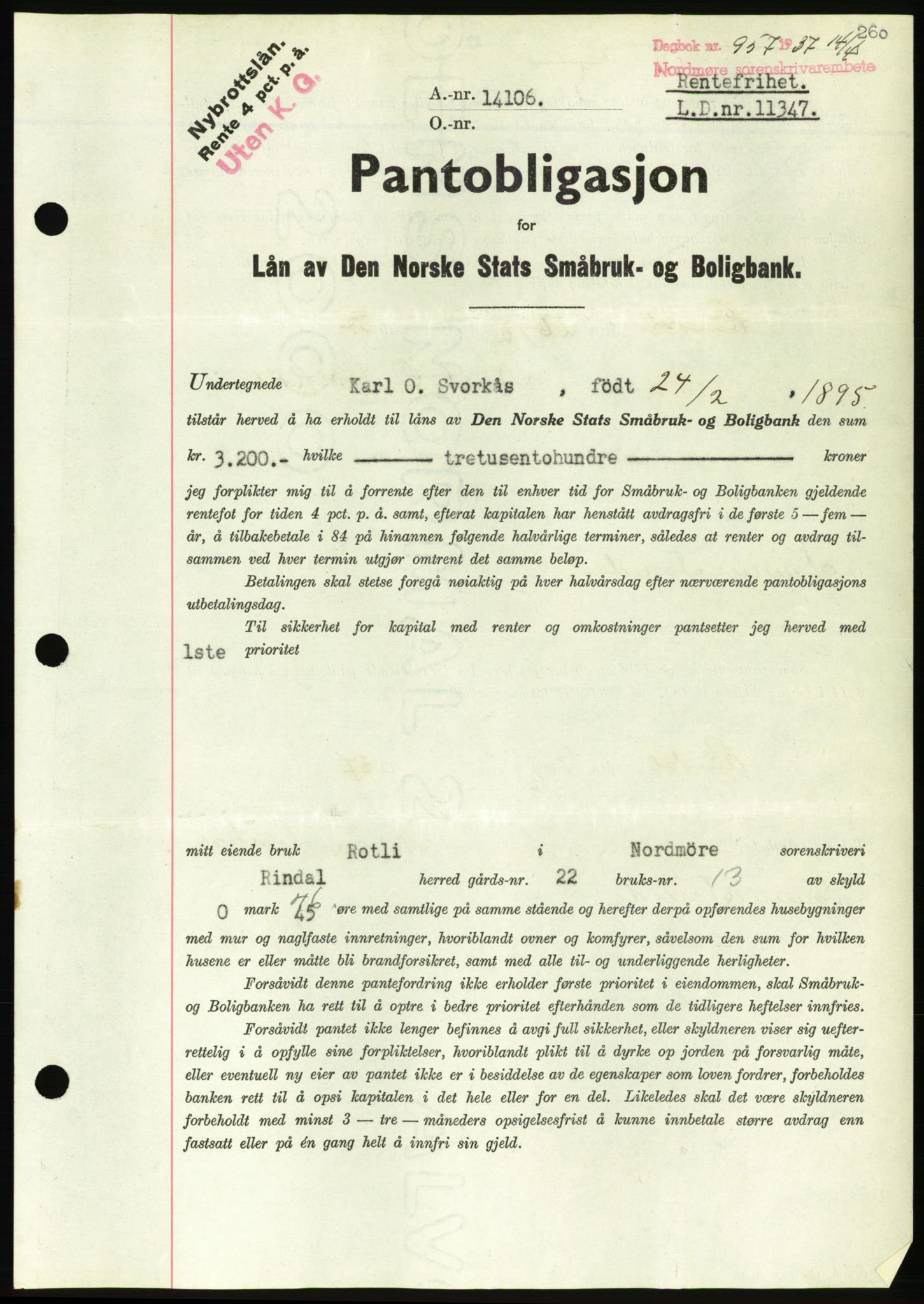 Nordmøre sorenskriveri, AV/SAT-A-4132/1/2/2Ca/L0091: Mortgage book no. B81, 1937-1937, Diary no: : 957/1937