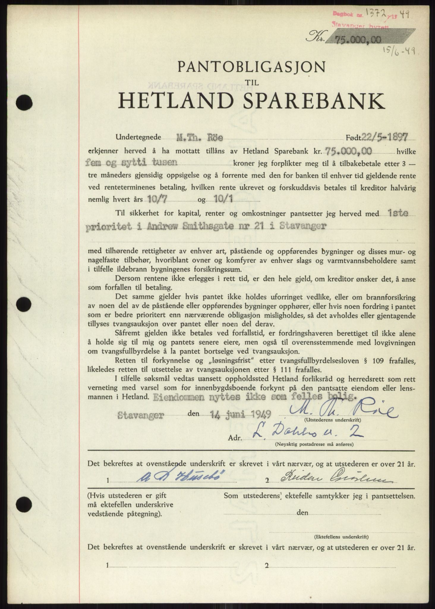 Stavanger byrett, SAST/A-100455/002/G/Gb/L0032: Mortgage book, 1947-1950, Diary no: : 1372/1949