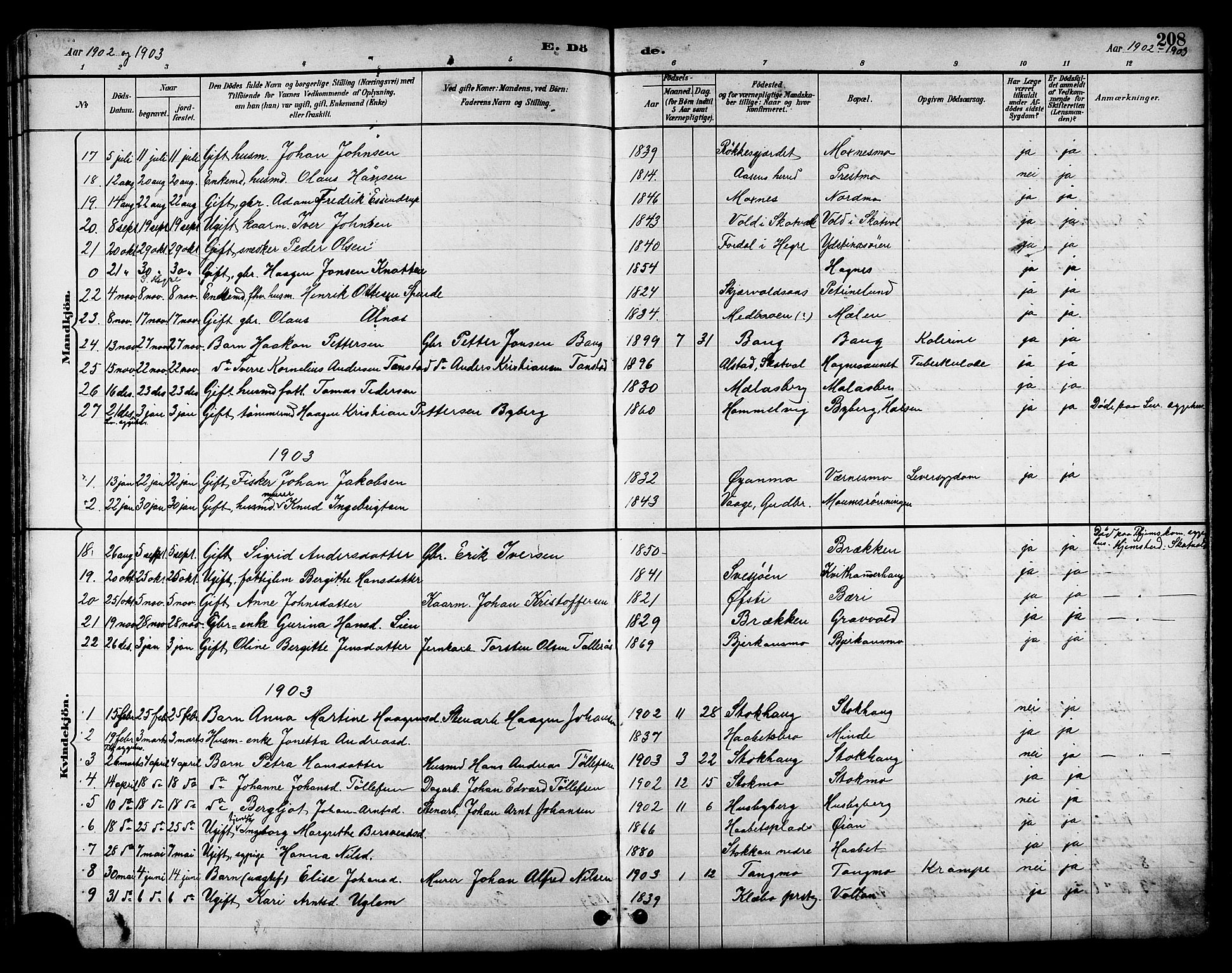 Ministerialprotokoller, klokkerbøker og fødselsregistre - Nord-Trøndelag, SAT/A-1458/709/L0087: Parish register (copy) no. 709C01, 1892-1913, p. 208