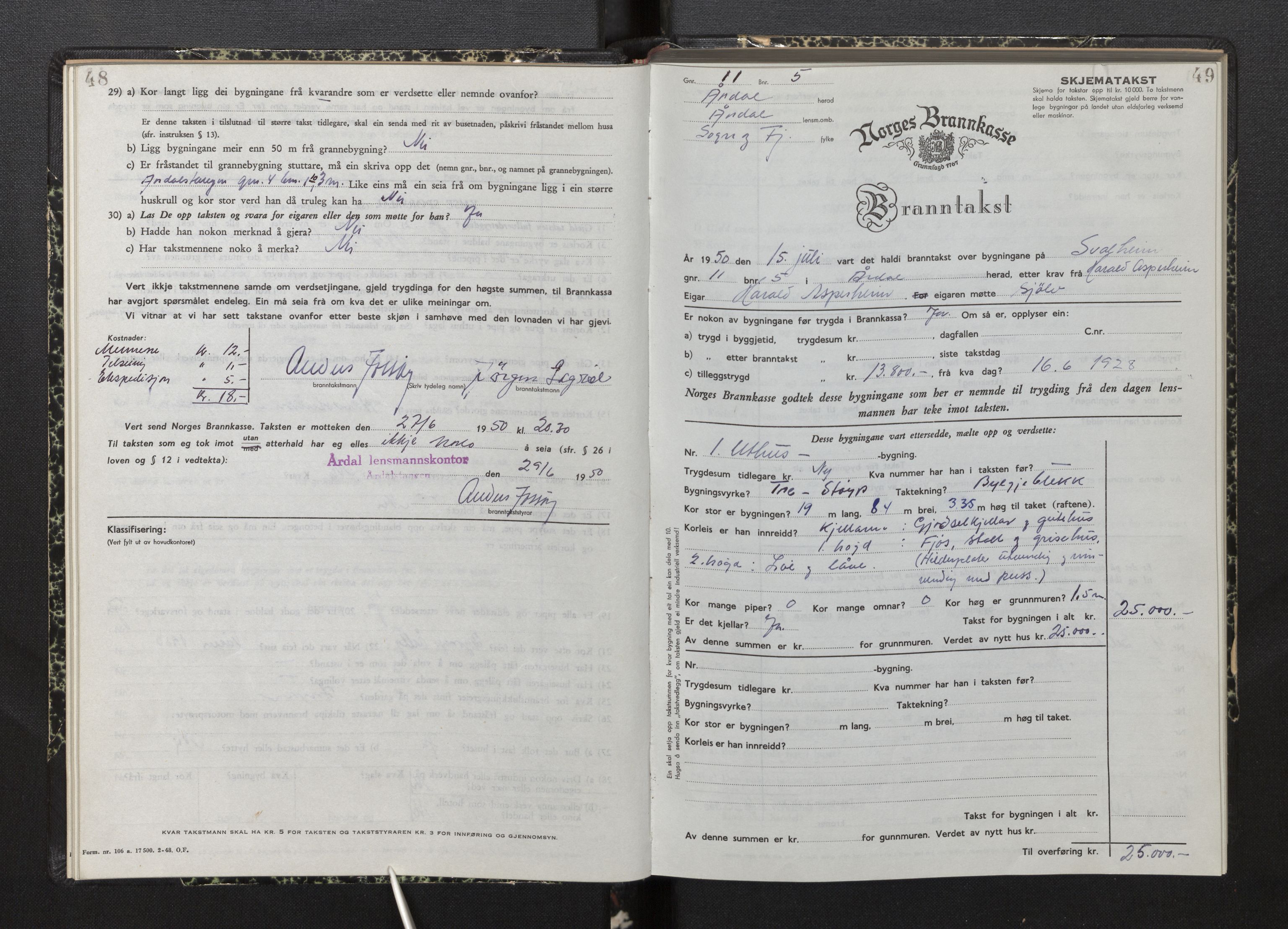 Lensmannen i Årdal, AV/SAB-A-30501/0012/L0012: Branntakstprotokoll, skjematakst, 1949-1955, p. 48-49