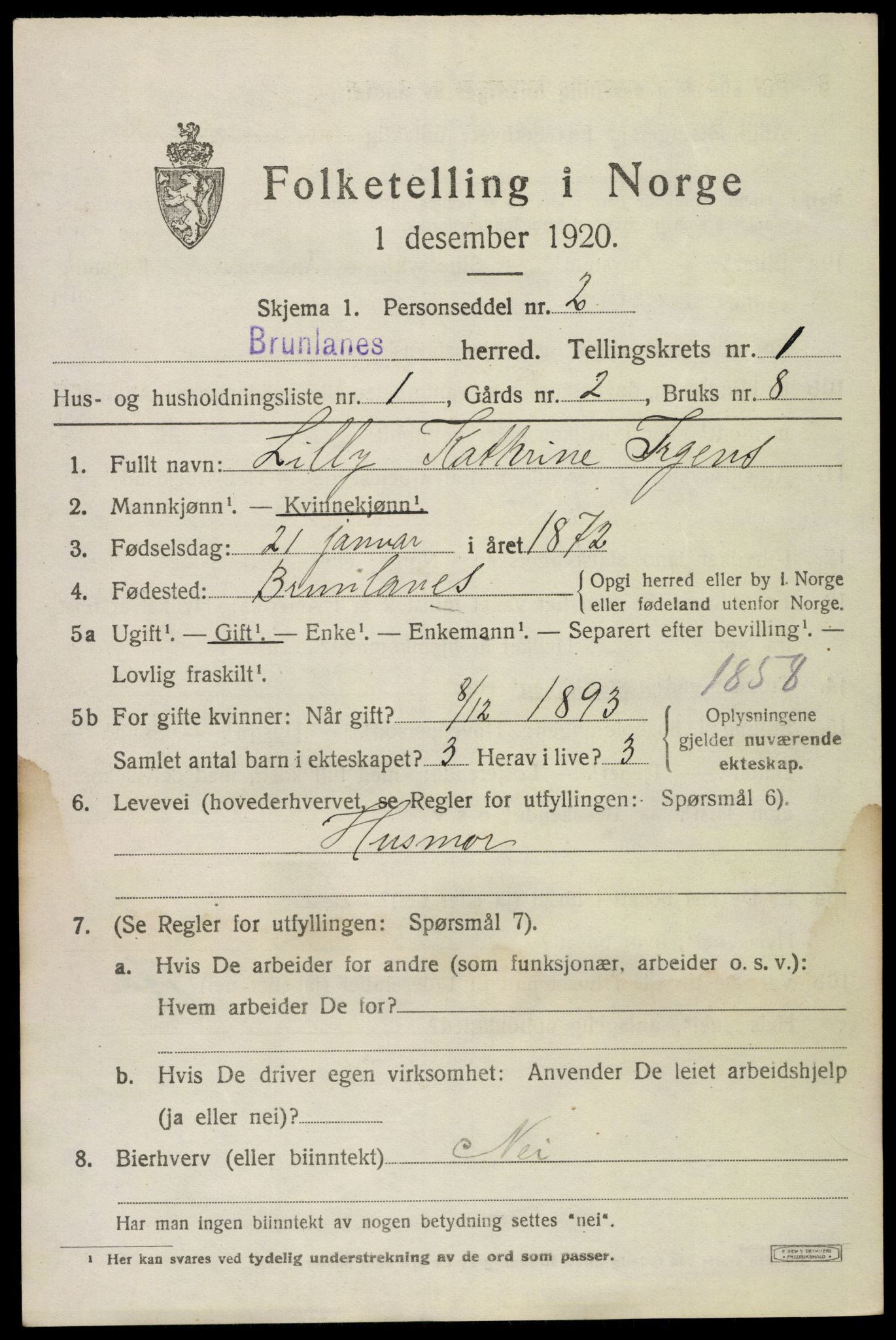 SAKO, 1920 census for Brunlanes, 1920, p. 1965