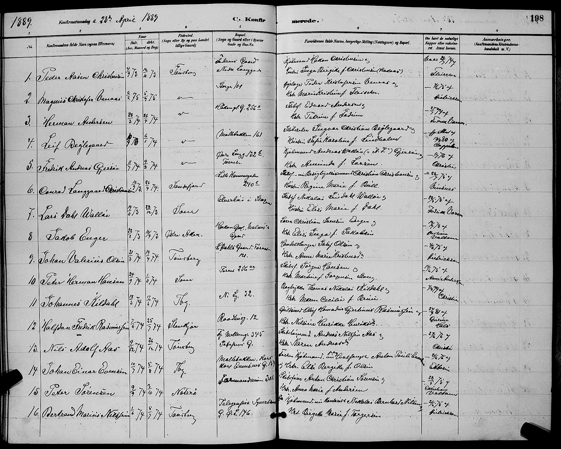 Tønsberg kirkebøker, SAKO/A-330/G/Ga/L0006: Parish register (copy) no. 6, 1885-1895, p. 198