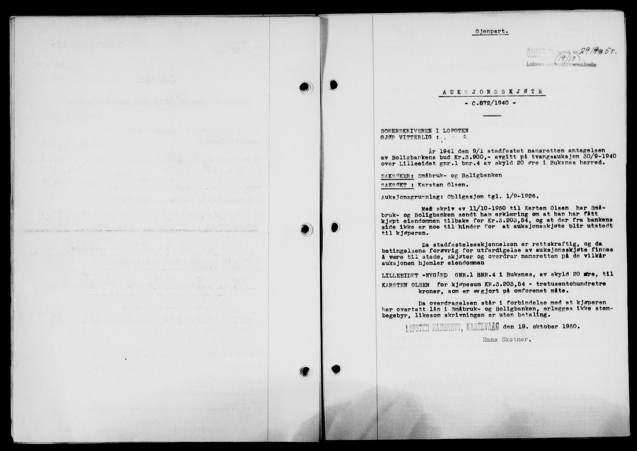 Lofoten sorenskriveri, SAT/A-0017/1/2/2C/L0024a: Mortgage book no. 24a, 1950-1950, Diary no: : 2919/1950