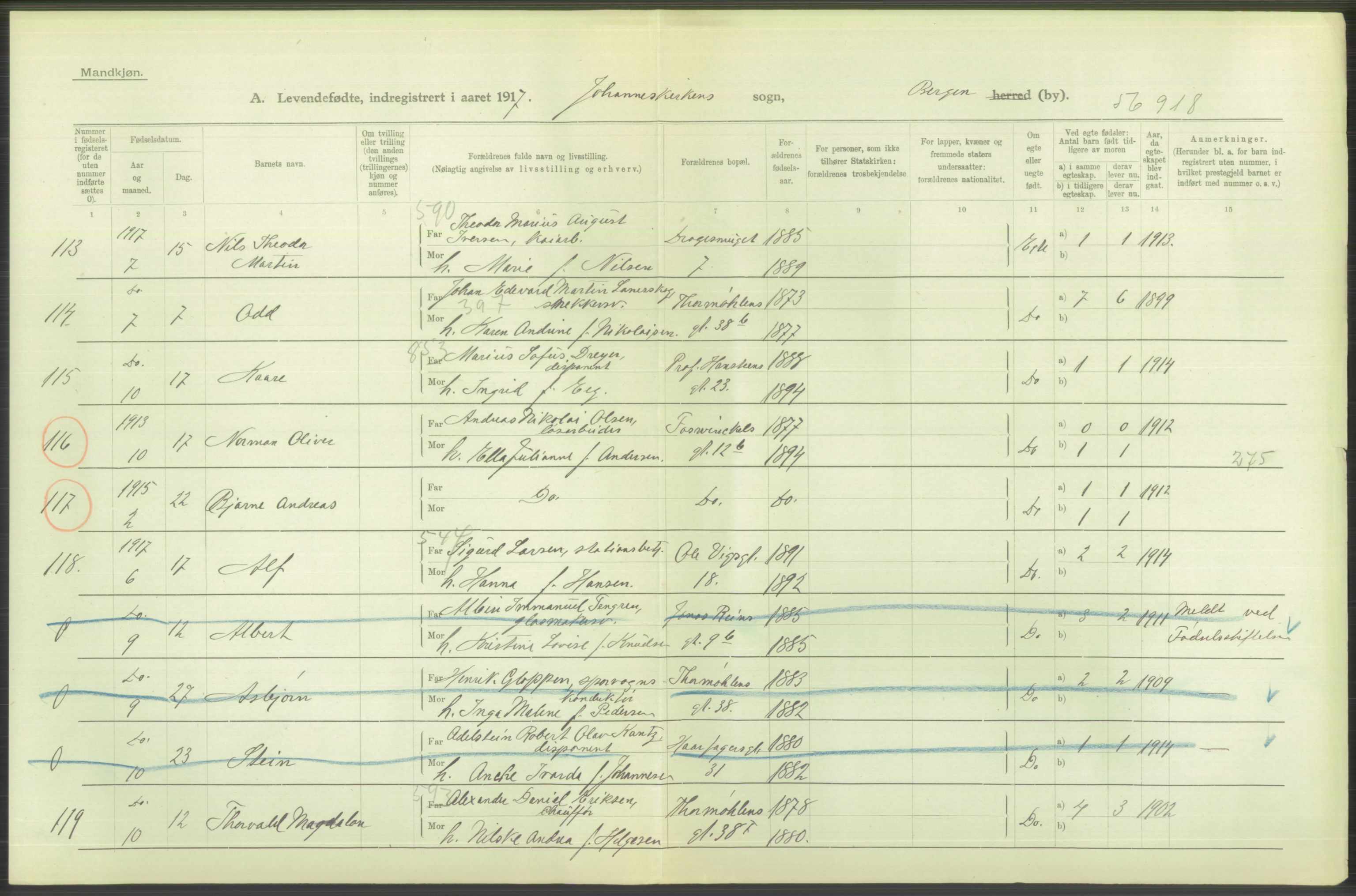 Statistisk sentralbyrå, Sosiodemografiske emner, Befolkning, AV/RA-S-2228/D/Df/Dfb/Dfbg/L0037: Bergen: Levendefødte menn og kvinner., 1917, p. 202