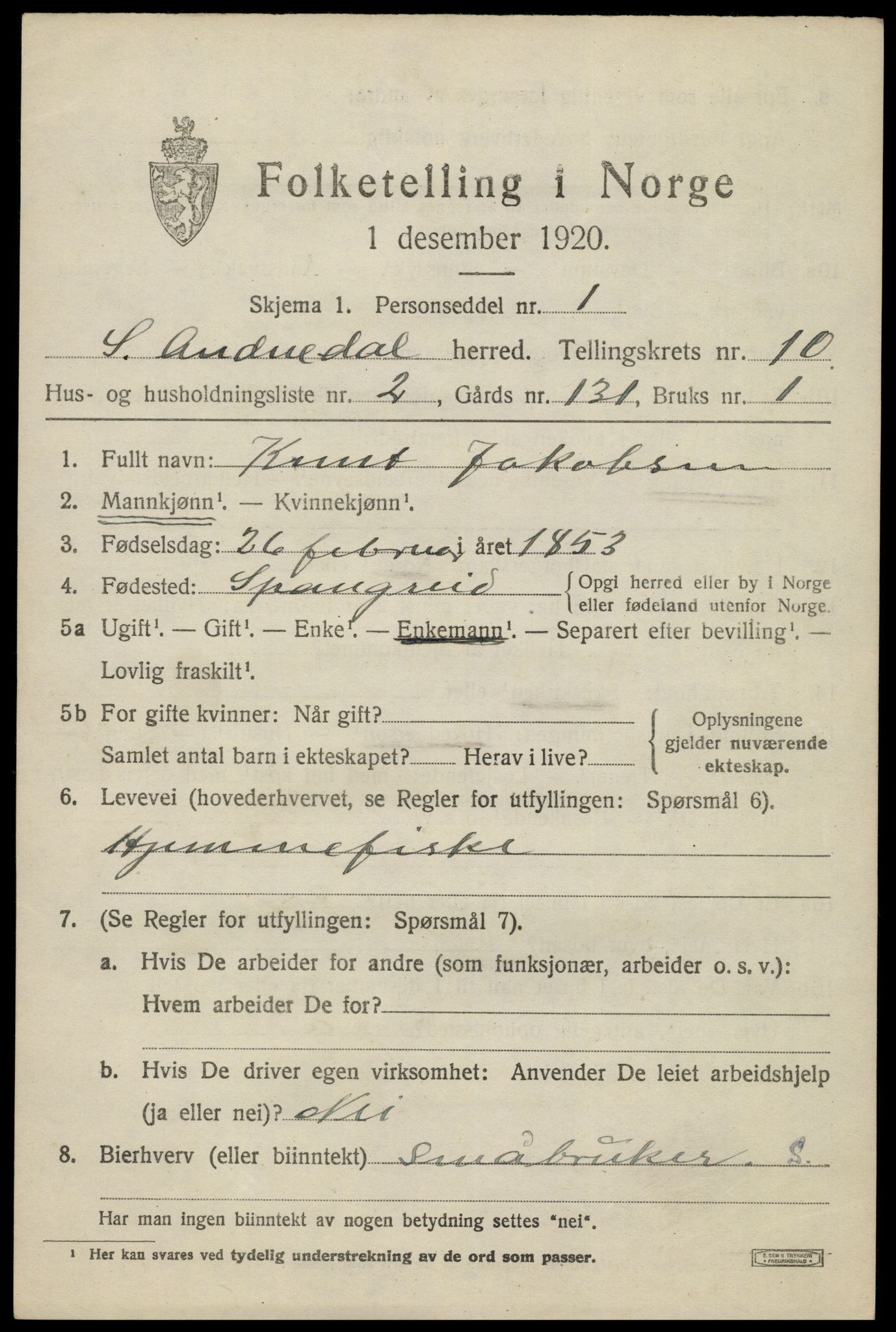 SAK, 1920 census for Sør-Audnedal, 1920, p. 3837