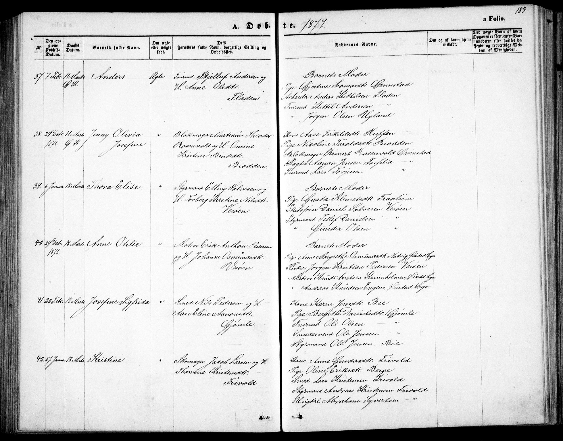 Fjære sokneprestkontor, AV/SAK-1111-0011/F/Fb/L0010: Parish register (copy) no. B 10, 1871-1880, p. 183