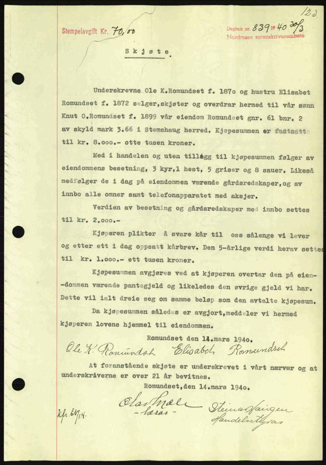 Nordmøre sorenskriveri, AV/SAT-A-4132/1/2/2Ca: Mortgage book no. A88, 1940-1940, Diary no: : 839/1940