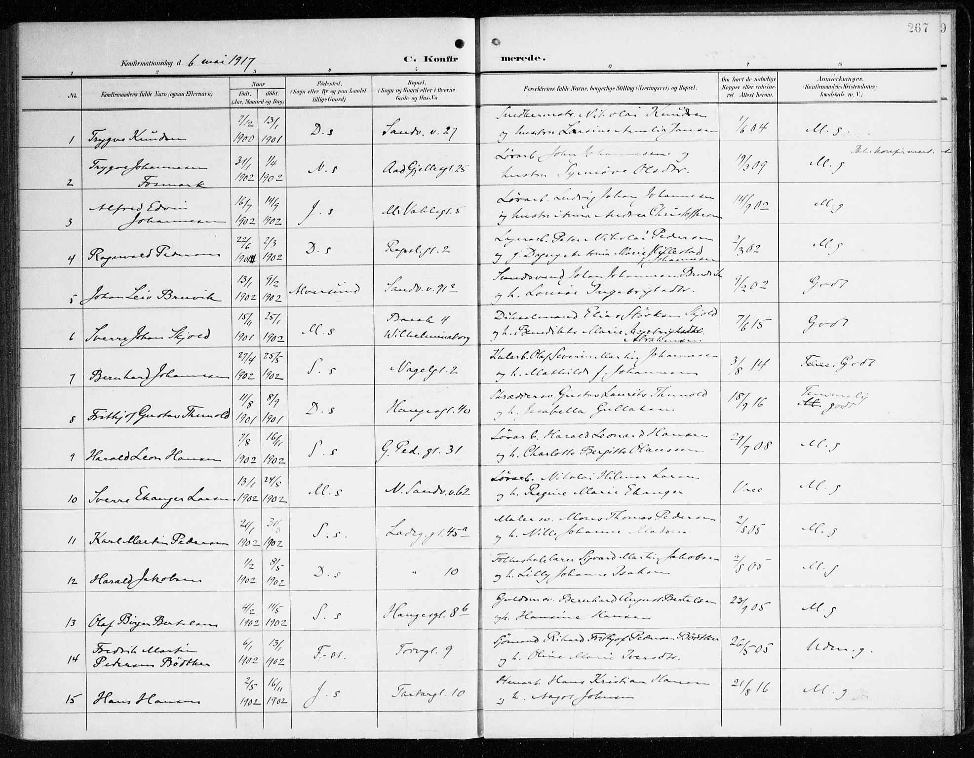 Sandviken Sokneprestembete, SAB/A-77601/H/Ha/L0011: Parish register (official) no. C 2, 1905-1918, p. 267