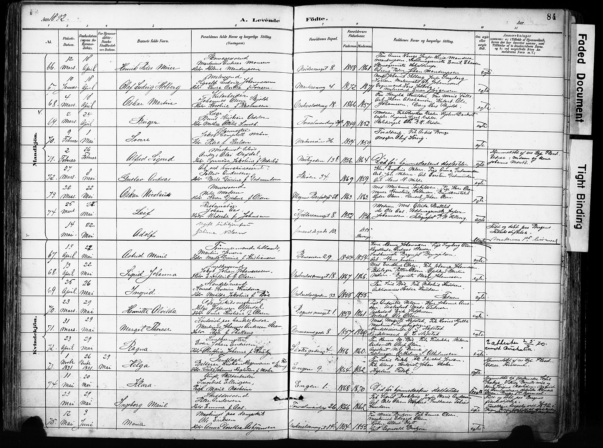 Domkirken sokneprestembete, SAB/A-74801/H/Haa/L0024: Parish register (official) no. B 7, 1888-1903, p. 84