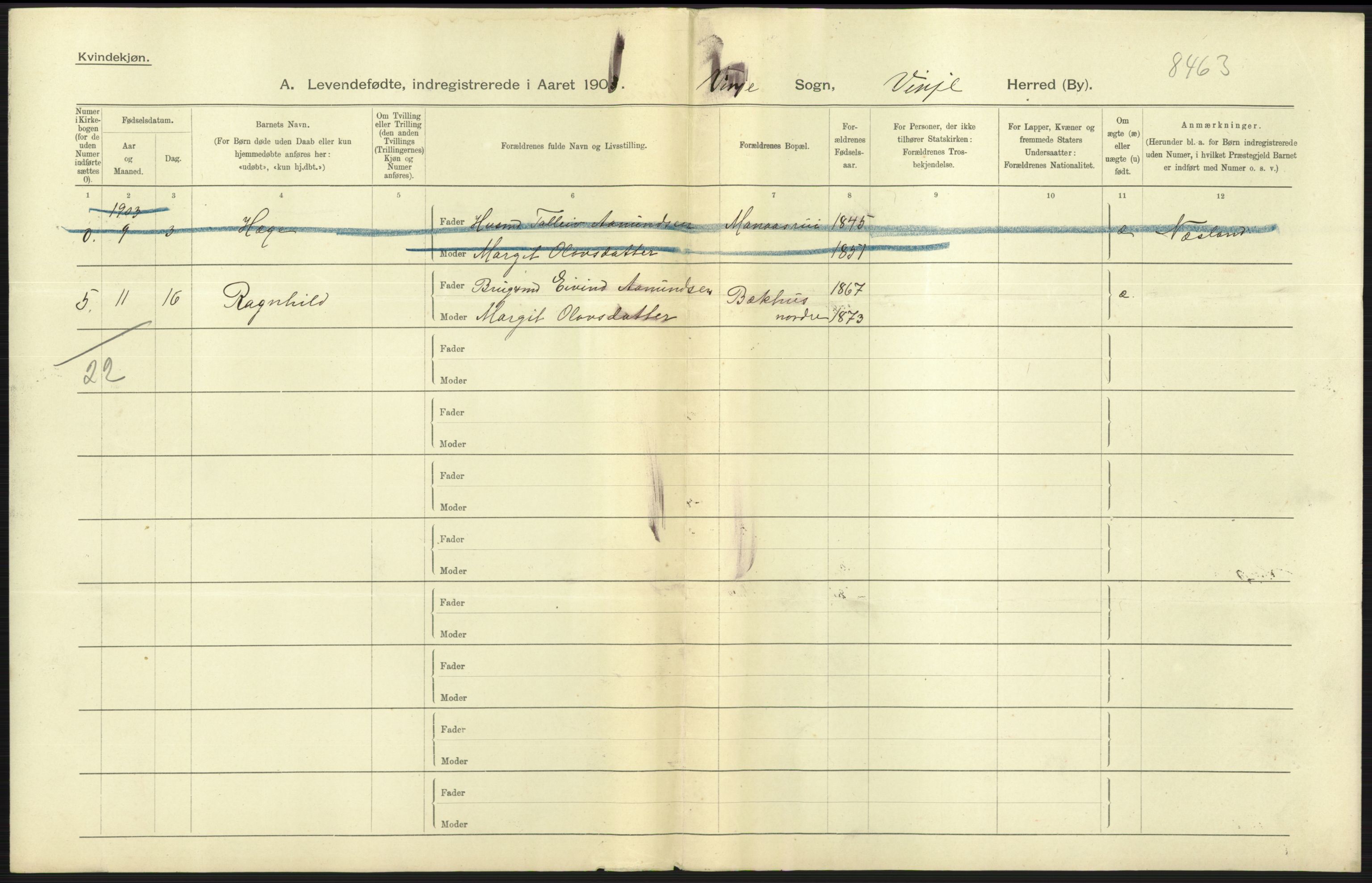 Statistisk sentralbyrå, Sosiodemografiske emner, Befolkning, RA/S-2228/D/Df/Dfa/Dfaa/L0009: Bratsberg amt: Fødte, gifte, døde, 1903, p. 11