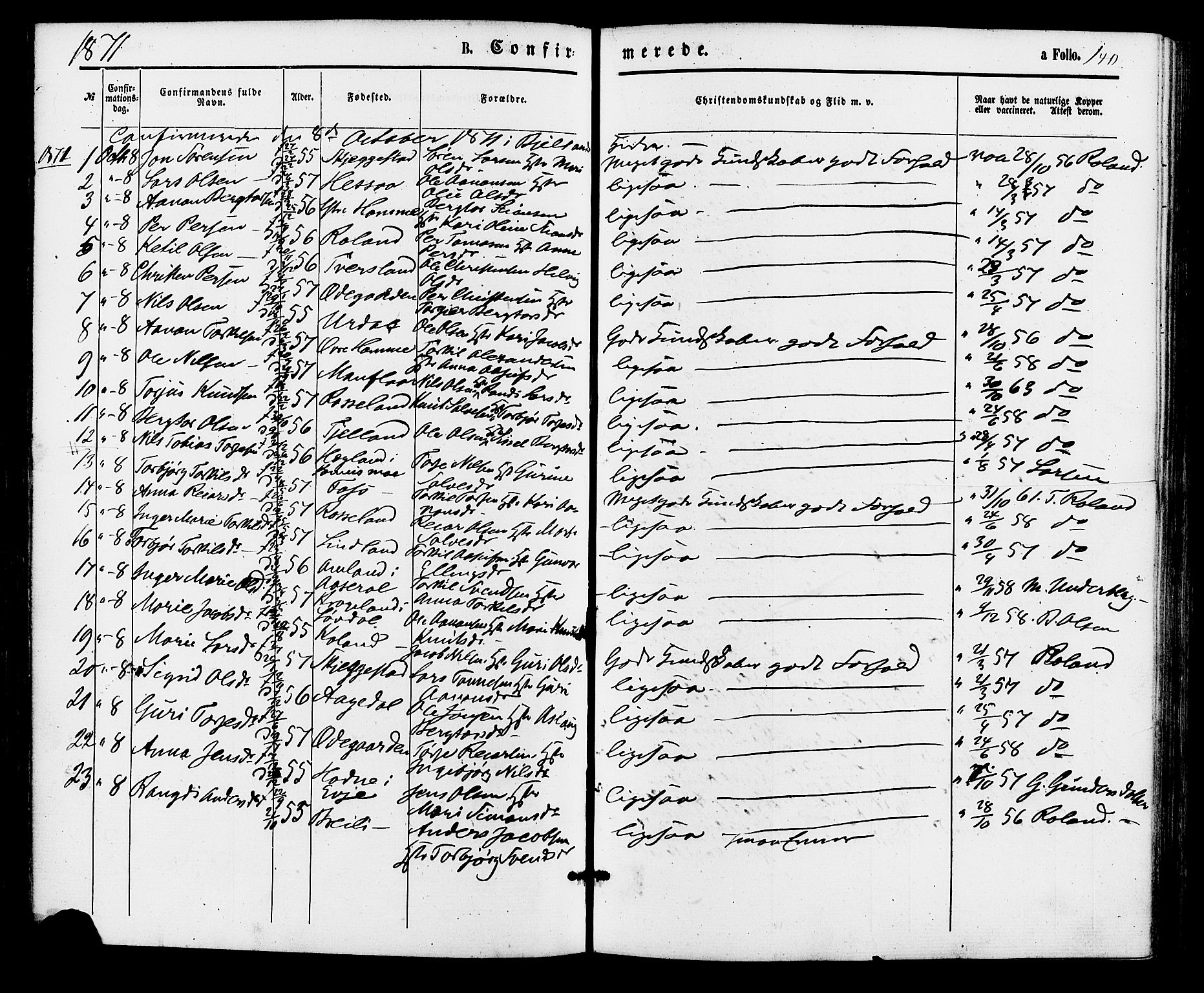 Bjelland sokneprestkontor, AV/SAK-1111-0005/F/Fa/Faa/L0003: Parish register (official) no. A 3, 1867-1887, p. 140