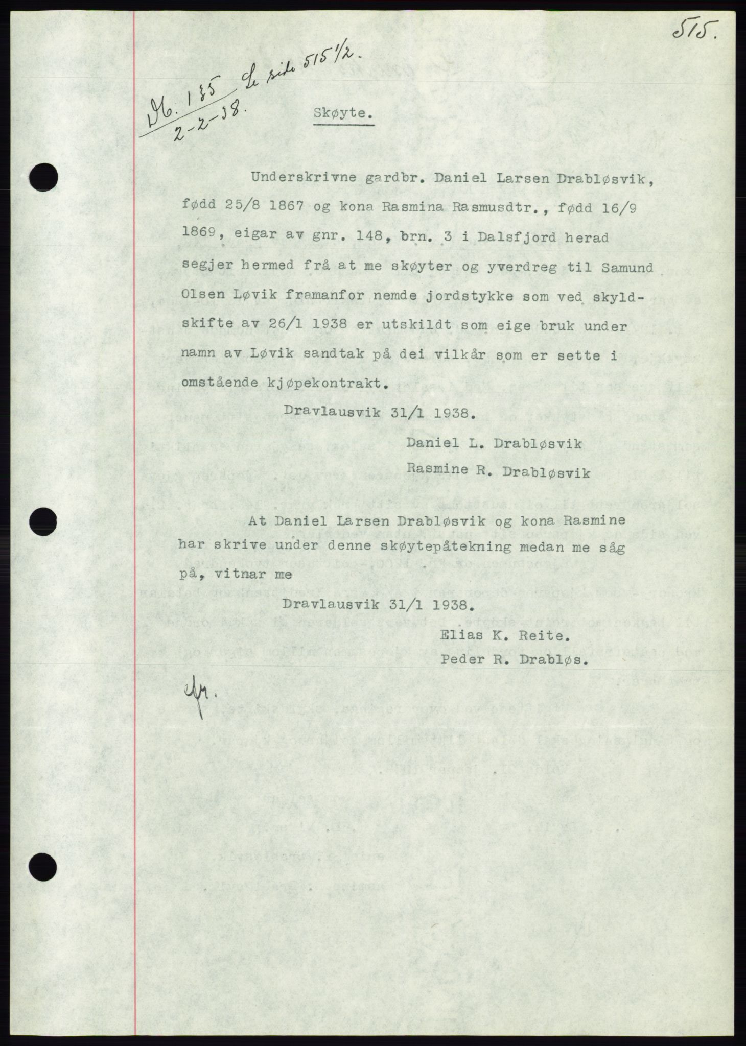 Søre Sunnmøre sorenskriveri, AV/SAT-A-4122/1/2/2C/L0064: Mortgage book no. 58, 1937-1938, Diary no: : 135/1938