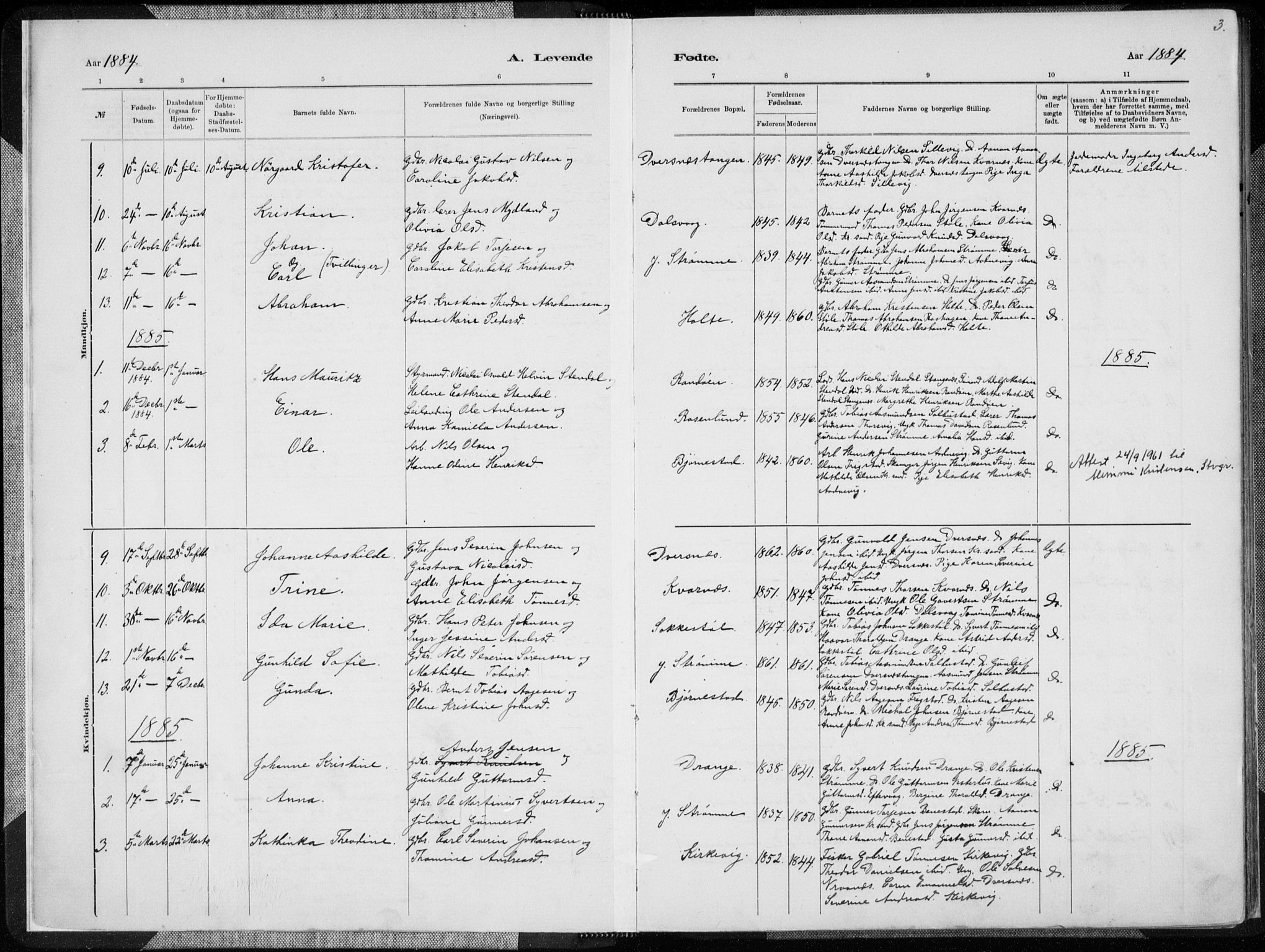 Oddernes sokneprestkontor, AV/SAK-1111-0033/F/Fa/Fab/L0002: Parish register (official) no. A 2, 1884-1903, p. 3