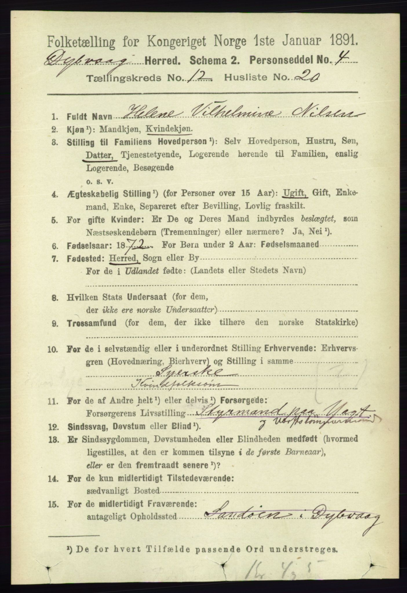 RA, 1891 census for 0915 Dypvåg, 1891, p. 4856