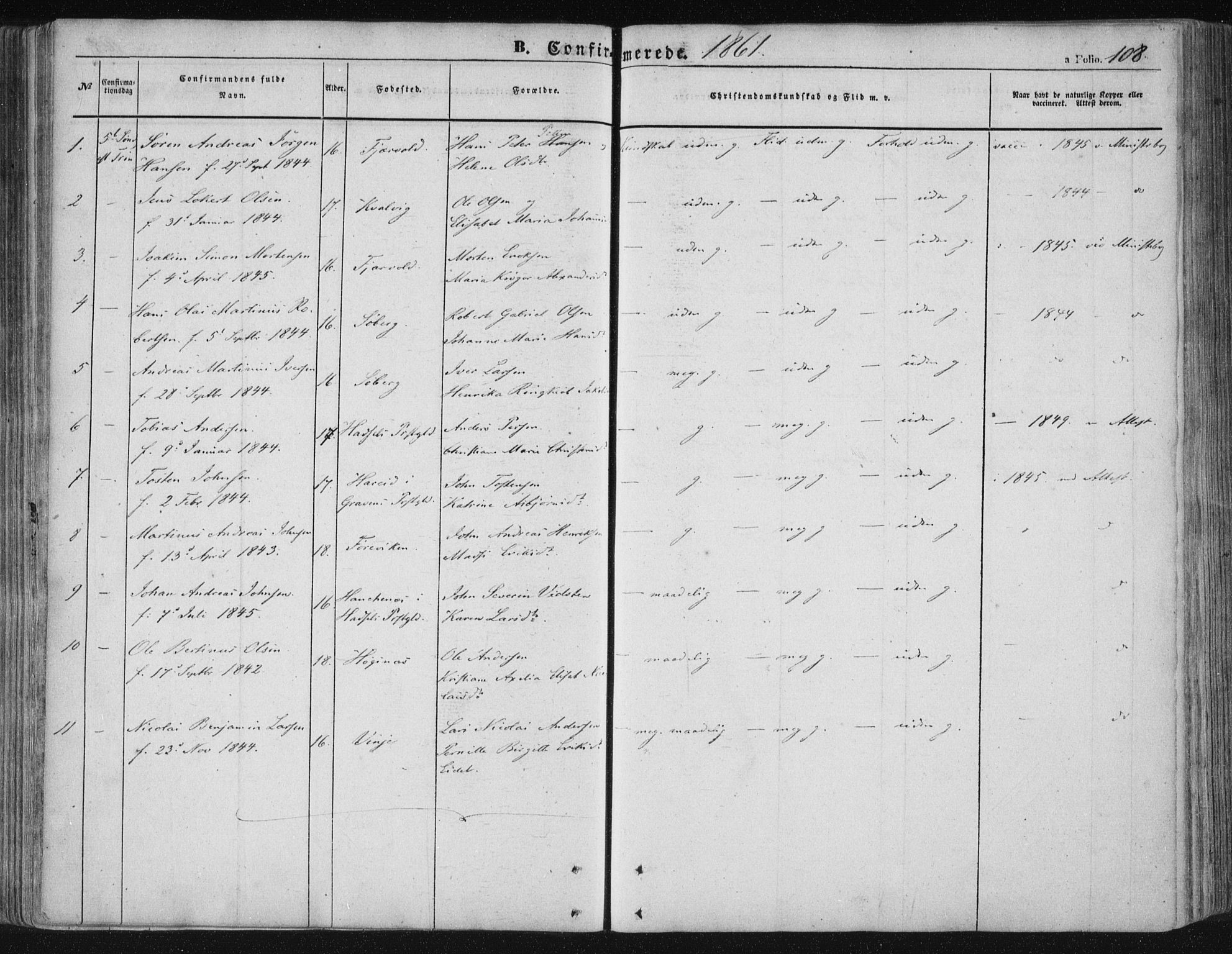 Ministerialprotokoller, klokkerbøker og fødselsregistre - Nordland, AV/SAT-A-1459/891/L1300: Parish register (official) no. 891A05, 1856-1870, p. 108