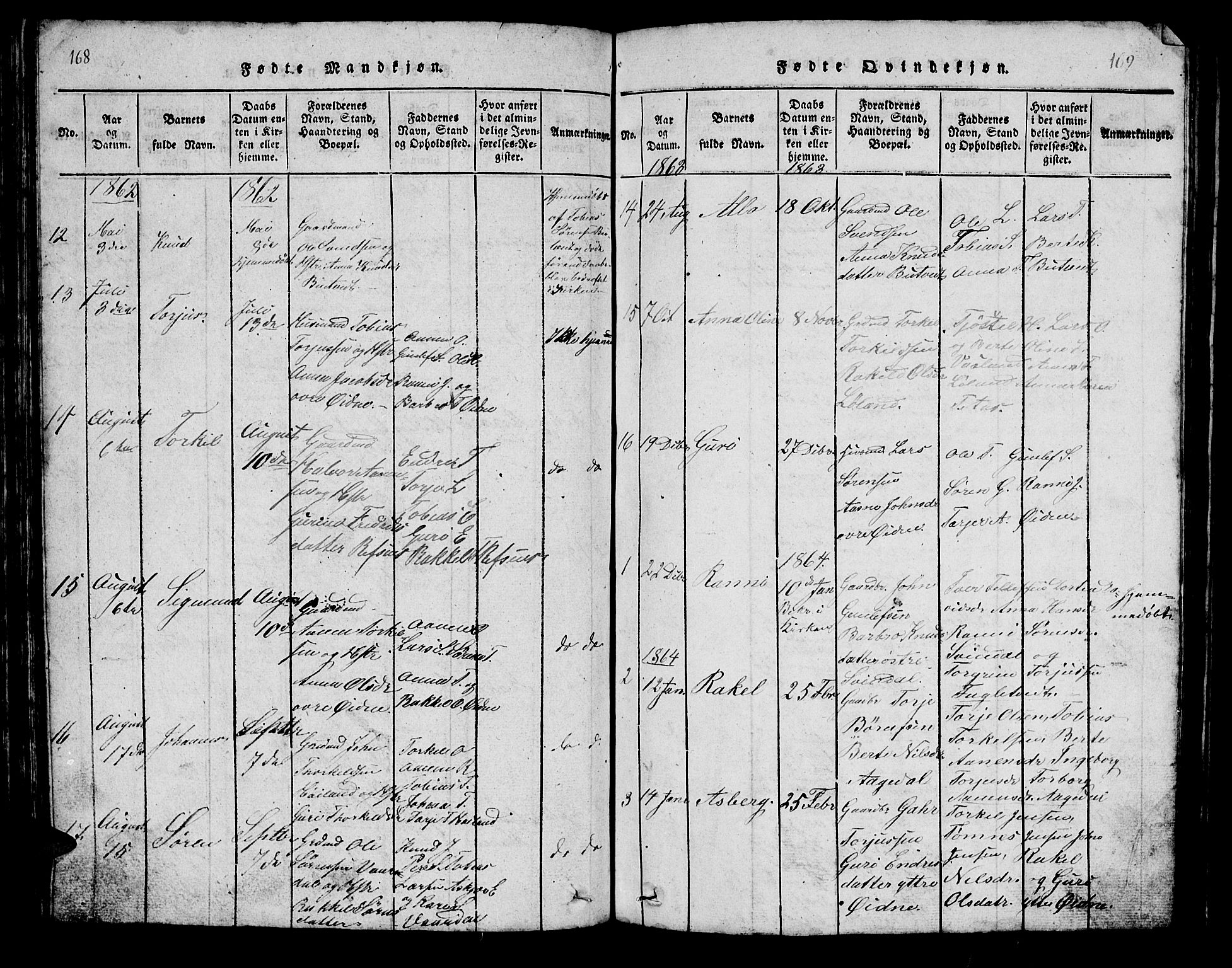 Bjelland sokneprestkontor, AV/SAK-1111-0005/F/Fb/Fbc/L0001: Parish register (copy) no. B 1, 1815-1870, p. 168-169